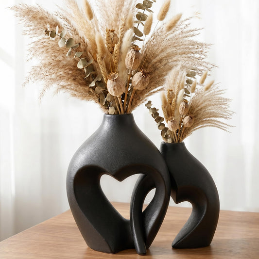 Black Ceramic Flower Vases Home Decor Heart Shaped Vase Set of 2 Nordic Heart Shaped Vases, Minimalist Decorative Vase for Table Centerpiece Wedding Dining Living Room Office House Decoration