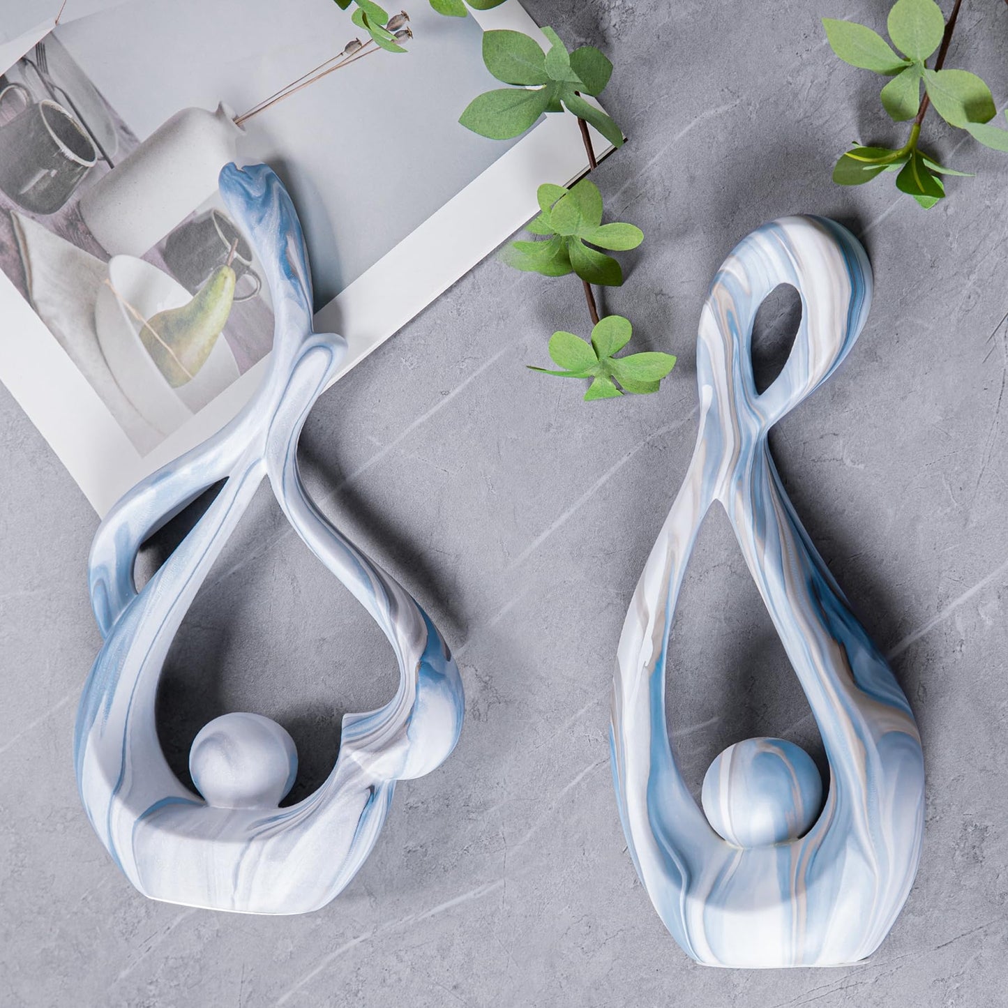 TZIZO Blue Marble Abstract Sculptures Set of 2, Coffee Table Centerpiece