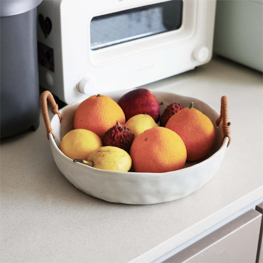 seicasaya 10" Ceramic Fruit Bowl with Woven Handles - Rustic Serving Dish with Speckled Glaze - Handcrafted Decorative Centerpiece Tray for Kitchen Counter (White, 10 Inch)