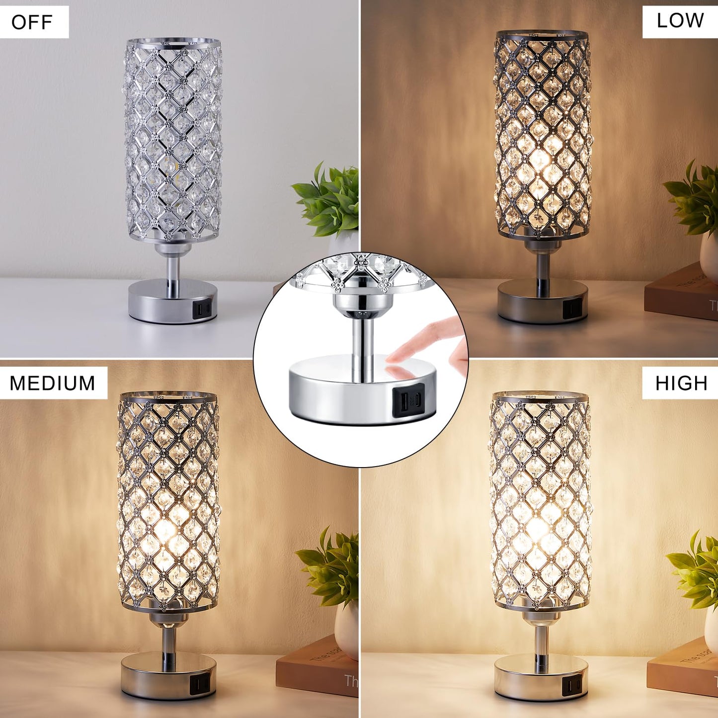 Crystal Touch Lamp with Touch Control, Sliver Table Lamp with USB-C+A Ports, 3 Way Dimmable Bedside Lamp Decorative Modern Nightstand Lamp, Bedroom Light for Living Room Side Table(Bulb Included)