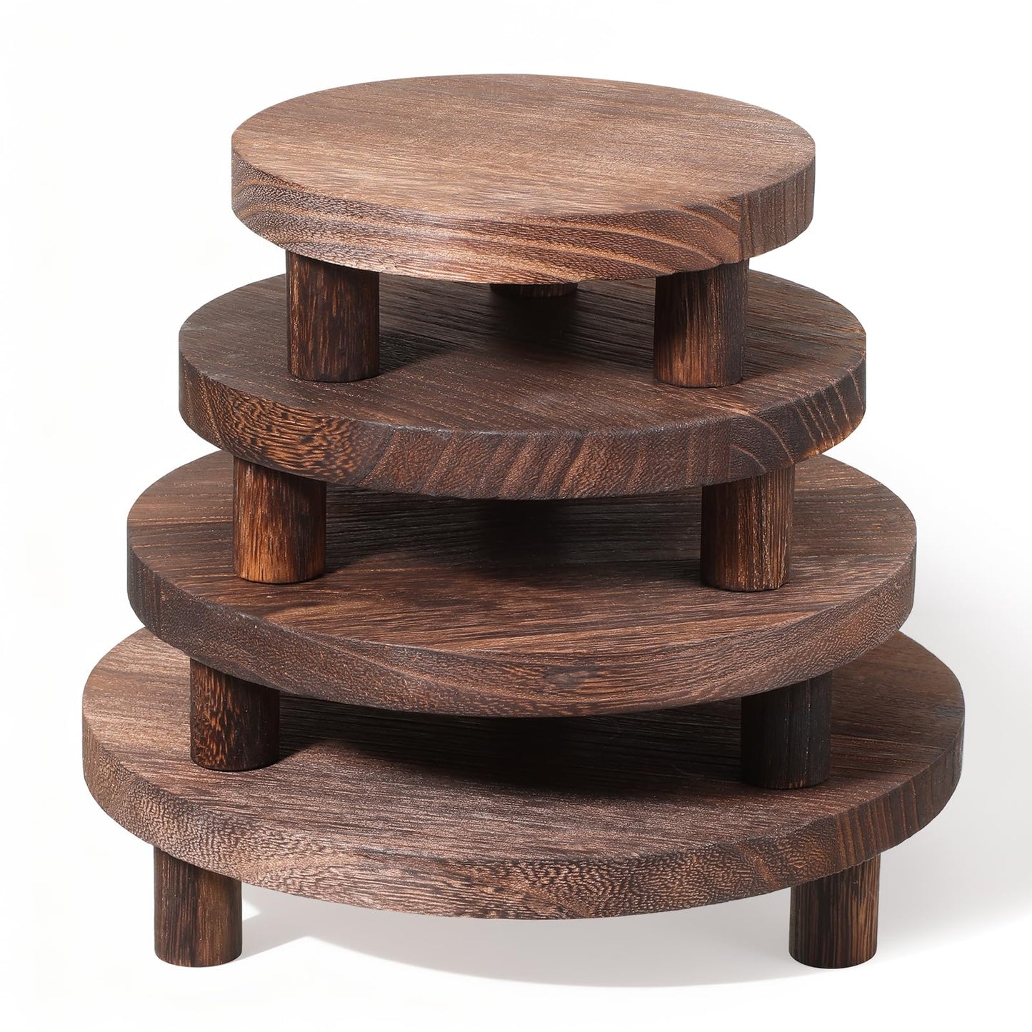 IANFAN 4 Pcs Round Wooden Risers for Display, Wood Pedestal Stand Mini Tiered Tray Stand Rustic Wooden Riser Holder for Home Decor Kitchen Counter, 4 Size(Brown)