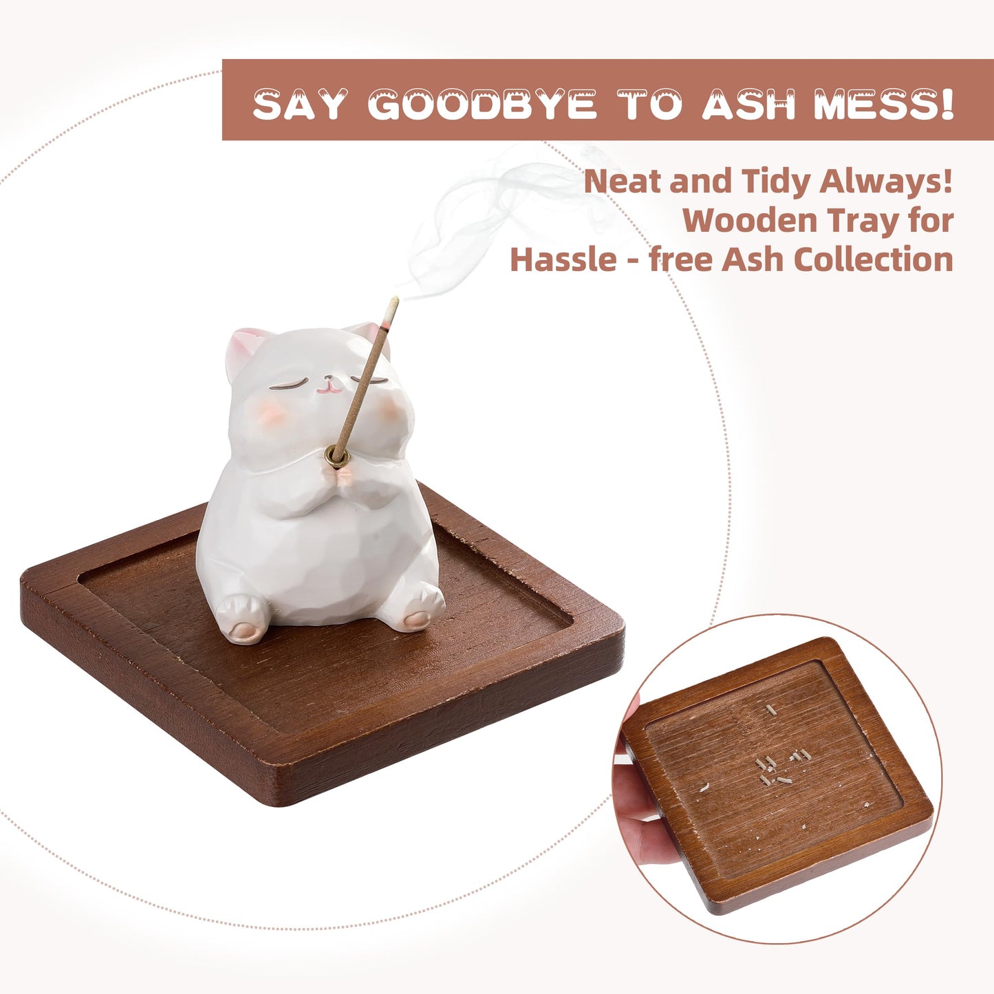 Lionpower Incense Holder for Sticks with Burner & Ash Catcher - Resin Cat, Wooden Tray, 10 Incense Sticks for Meditation Yoga Spa, Cute Home Decor Room Accessories (Cat)