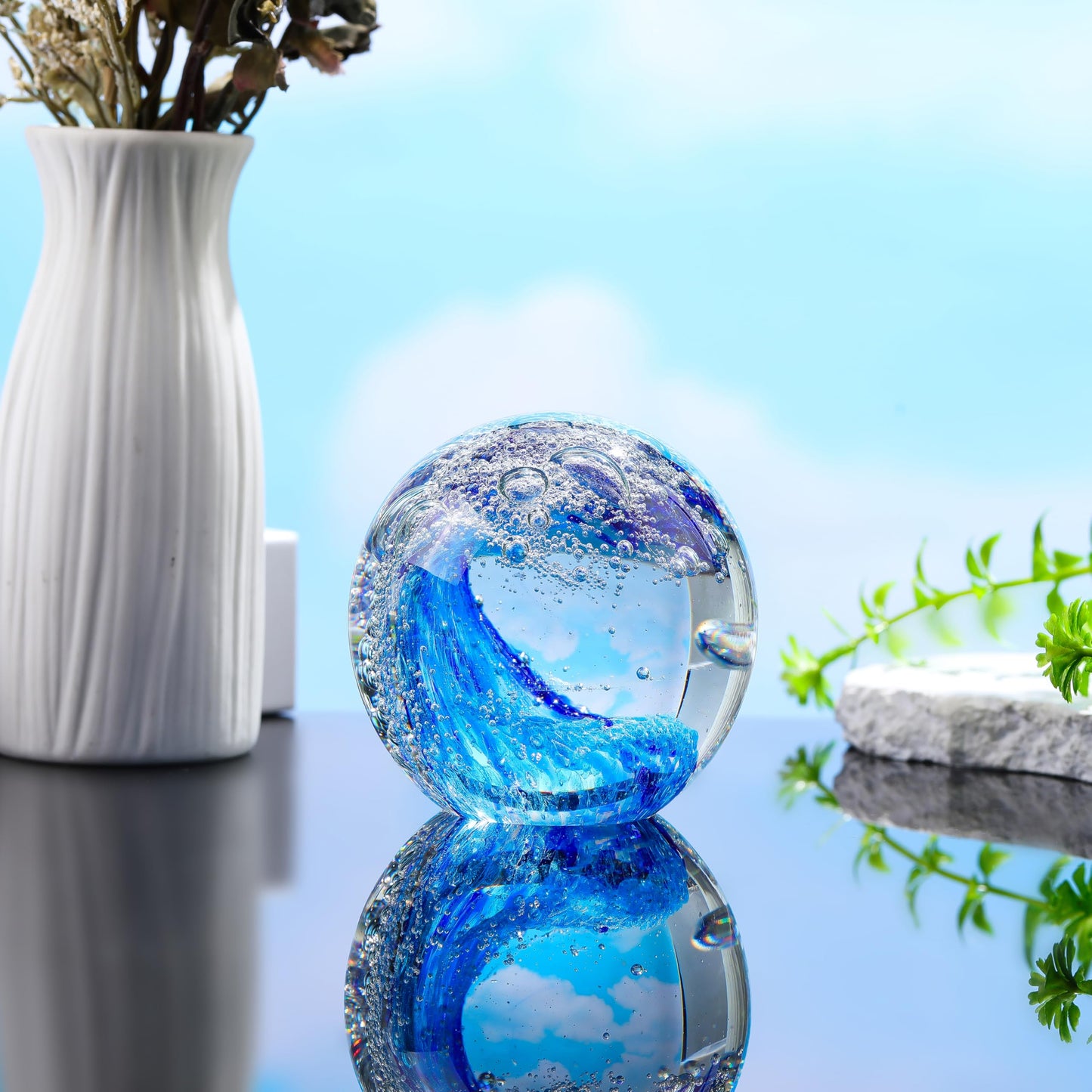 Qianwei Ocean Waves Hand Blown Glass Decor Crystal Ball Sea Figurines Gifts