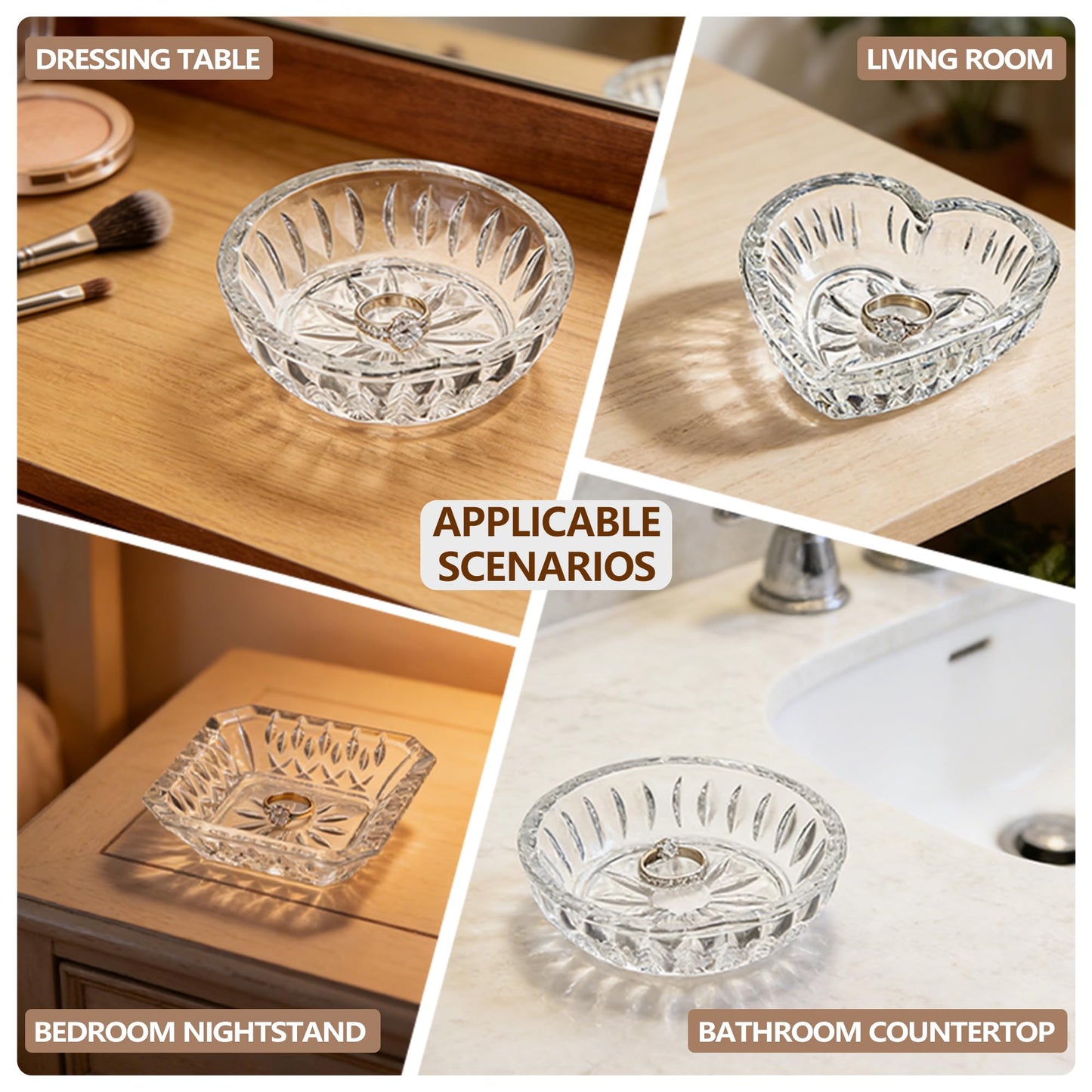 LOULIQIGIFT Set of 3 Clear Jewelry Dish Tray for Women Crystal Ring Holder for Wedding Engagement Birthday Mother's Day(Round, Square, Heart)