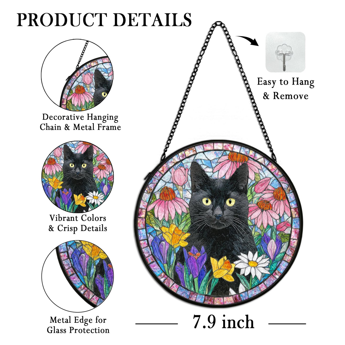 cvjutf Black Cat Suncatcher Stained Glass Window Hanging Decor Ornaments, Black Cat Owner Memorial Sun Catchers Wall Art Gifts for Women, Floral Flower Garden Lawn Stained Glass Wall Decor, 7.9x7.9In