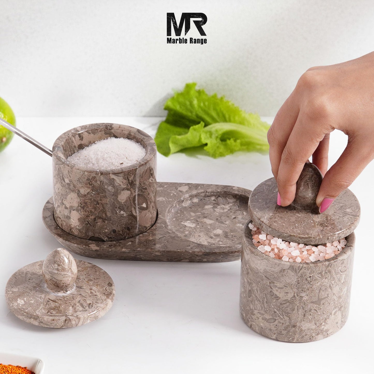 Marble Salt Cellar with Lid and tray 4 Inch Oceanic Handmade Salt Container, Set of 2 Seasoning Jars, Spice Storage Containers for Kitchen Countertop, Sugar Bowl