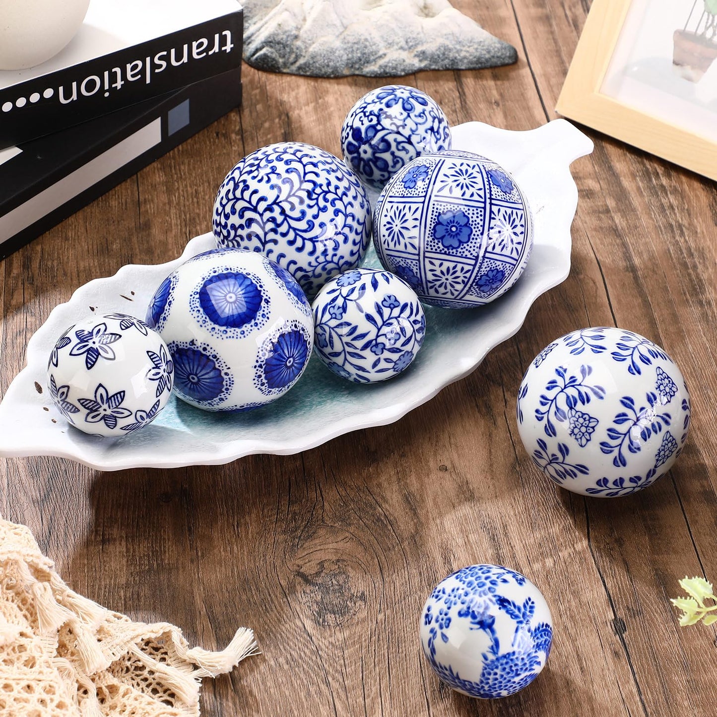 Ziliny 8 Pcs Porcelain Decorative Balls for Centerpiece Bowls 3.14'' /2.36'' Blue and White Ceramic Chinoiserie Balls for Vases Tray Bowl Basket Tables Christmas Wedding Party Home Decor