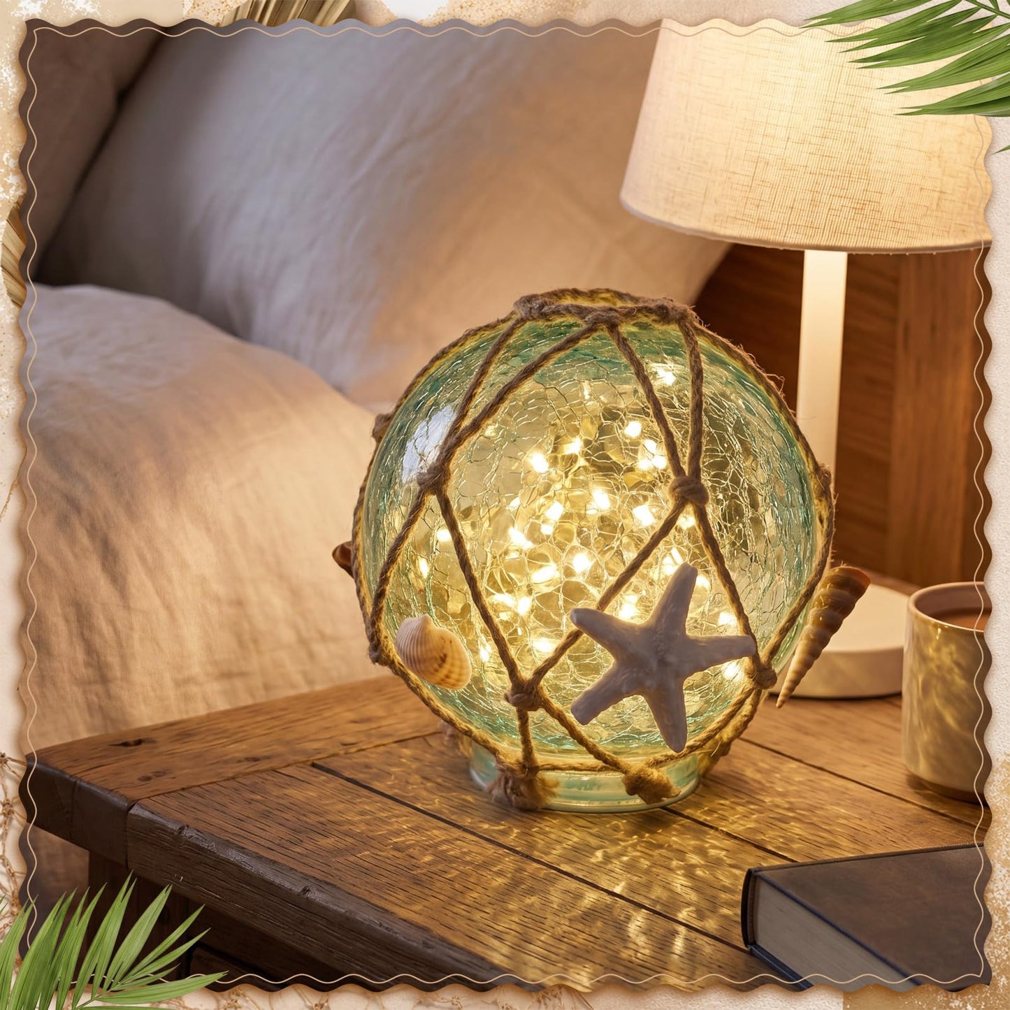 Fumete 6 Inch Glass Fishing Float Nautical Lamp Coastal Starfish Seashell Beach Decor Blue Cracked Glass Ball Night Light for Summer Beach Coastal Bathroom Home Decor Gifts