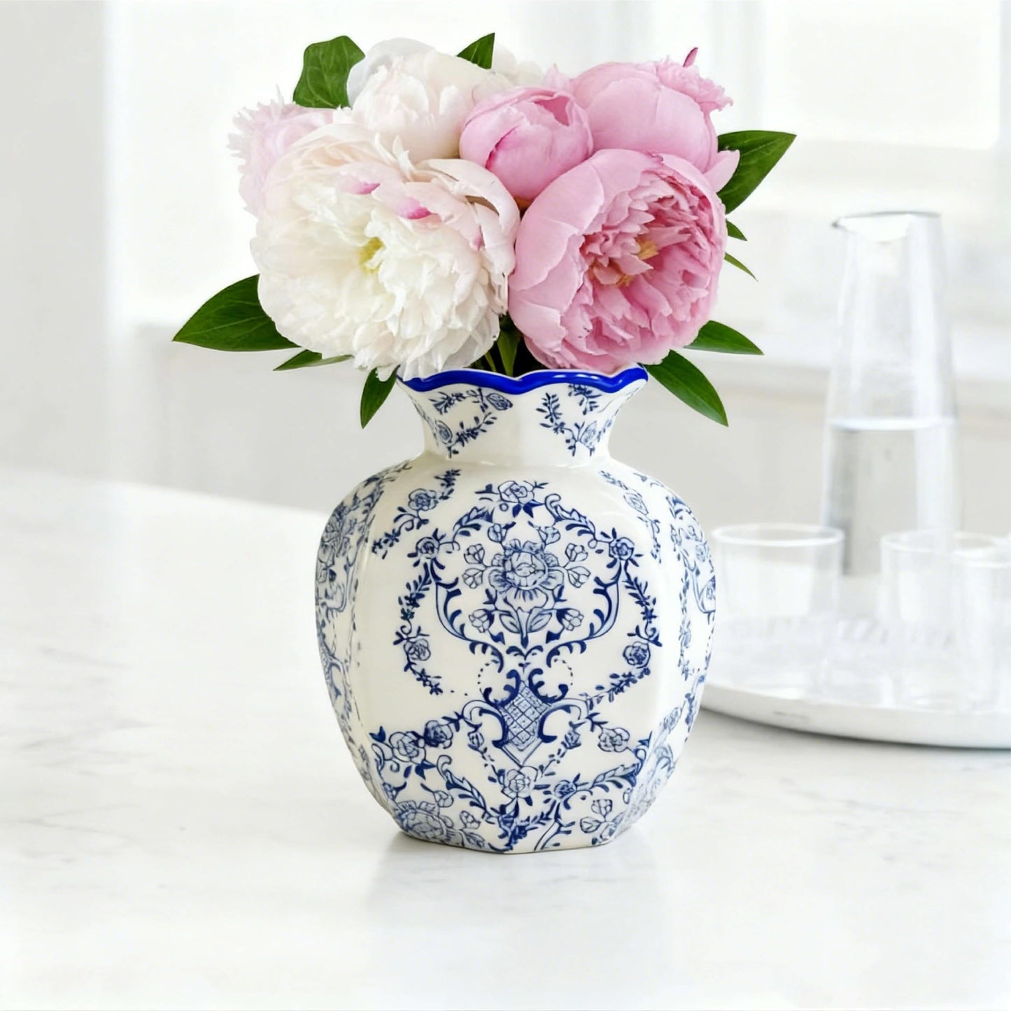 SEICASAYA 6-inch Height Vintage Blue Ceramic Flower Vessel – Elegant Hand-Painted Floral Design, Durable Ceramic Construction， (Crabapple Blossom)
