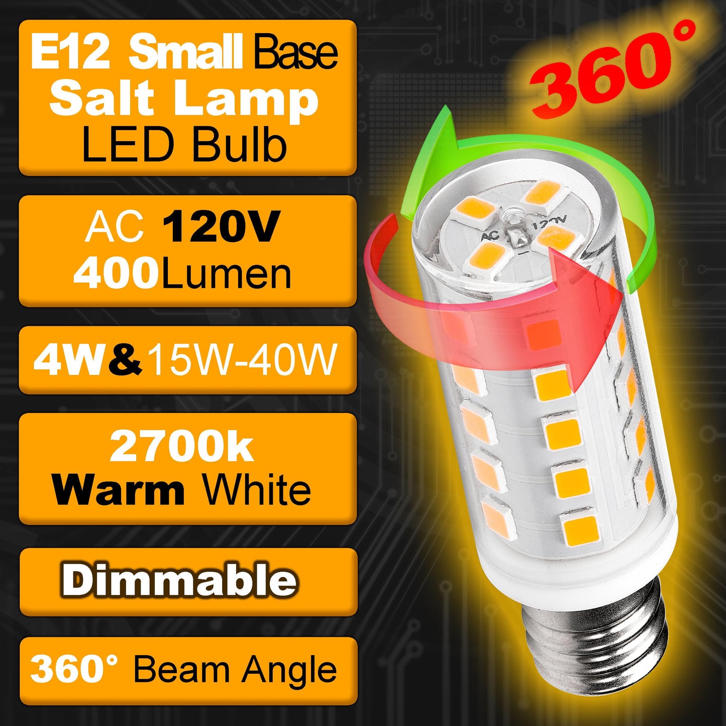 Dimmable Himalayan Salt Lamp Bulbs 15W-40W AC120V 400lm 2700K Warm White S6 C7 T20 4W E12 Mini Candelabra Base for Salt Rock Lamps & Baskets Night Light Decorative String Light Christmas, 8 Pack