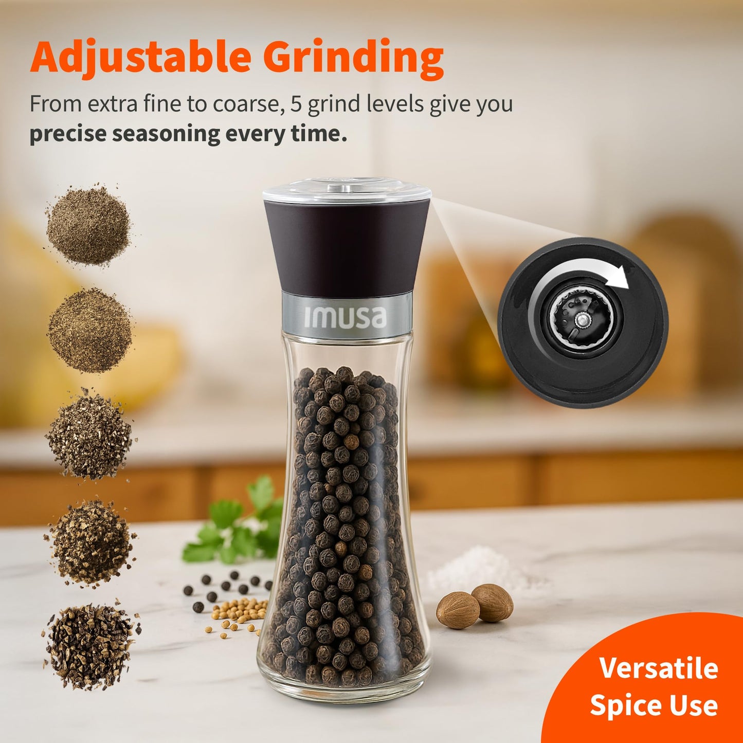 IMUSA Salt Shaker and Pepper Grinder Set – 2 Pack Glass Salt Shaker and Pepper Mill Set, Manual Adjustable Ceramic Core Pepper Grinder, 6 oz Capacity, Refillable Salt and Pepper Set for Kitchen