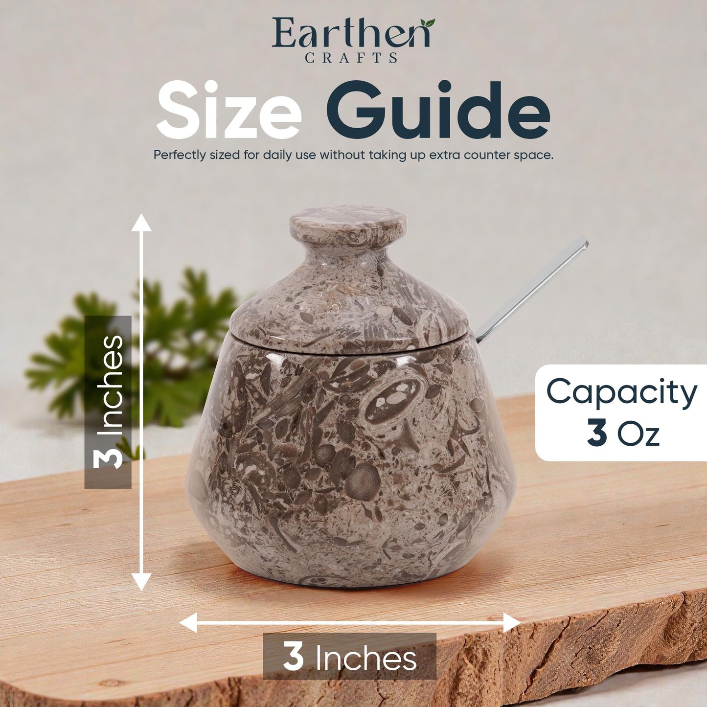 EARTHEN CRAFTS Marble Salt Cellar with Lid and Spoon 3" Inches Oceanic Salt Box, Natural Stone Salt Holder for Kitchen Counter, Sugar Container, 3 OZ Capacity