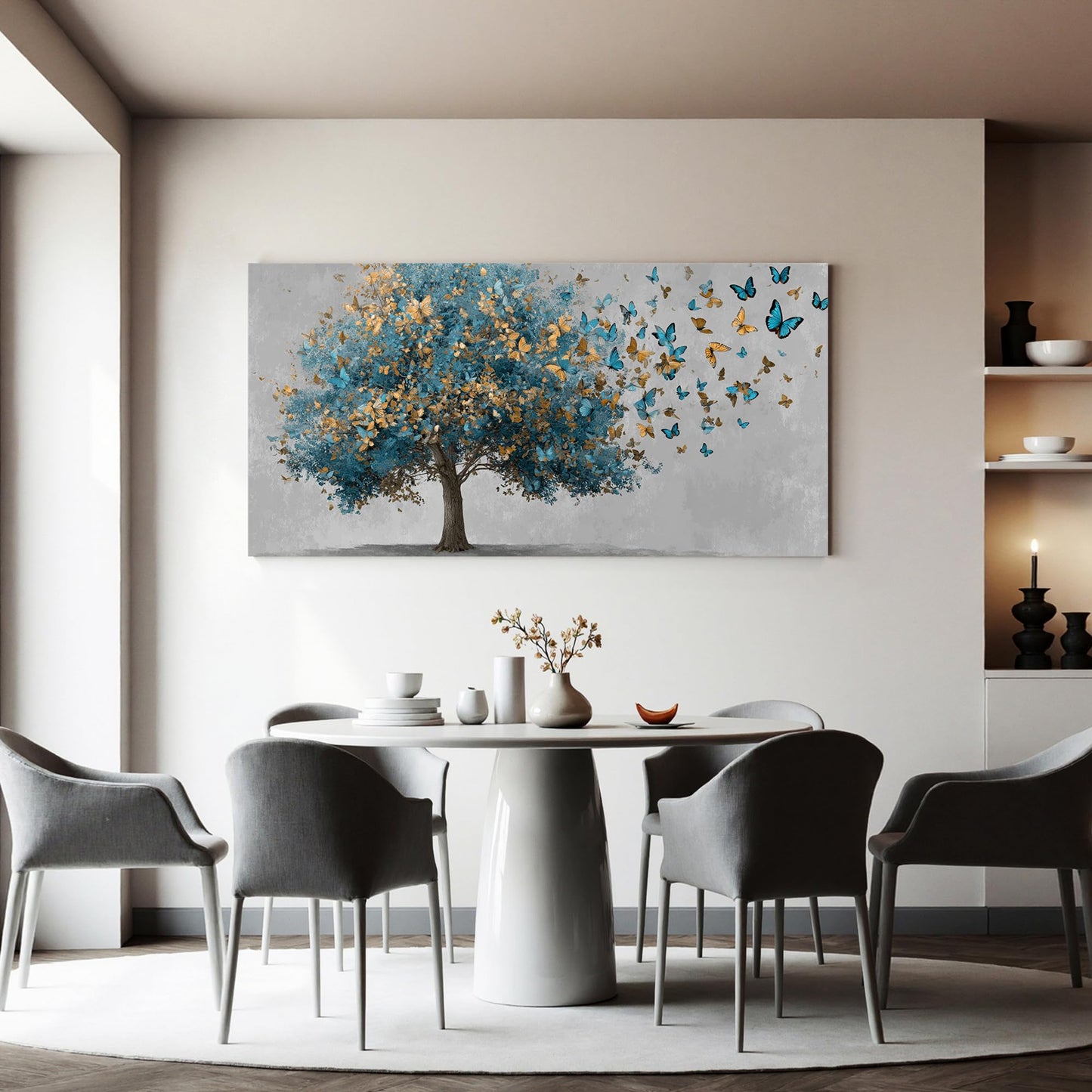 YISXINOAG Canvas Art Wall Decor Modern Wall Art Tree of Life Wall Art Blue Tree Paintings Gold Butterfly Modern Landscape Painting Canvas Artwork Pictures for Bathroom,Dining Room Size 20"X40"