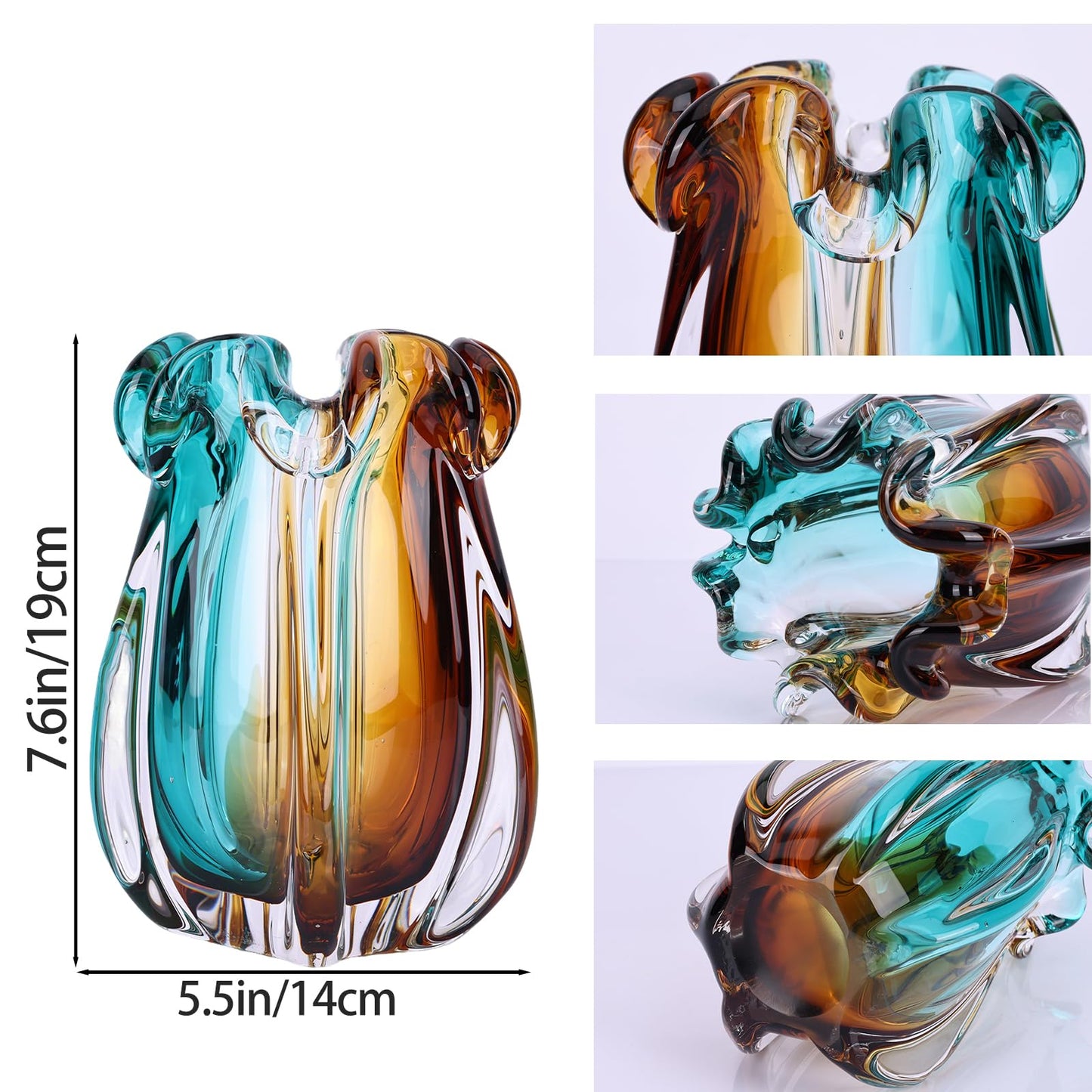 Hand Blown Glass vase, Gradient Blue and Amber Thick-Walled Decorative vase, Glass Art Wide-Mouth vase, Suitable for Living Room Coffee Tables, entryway Decor, Offices, and TV Cabinet Accents. (S)