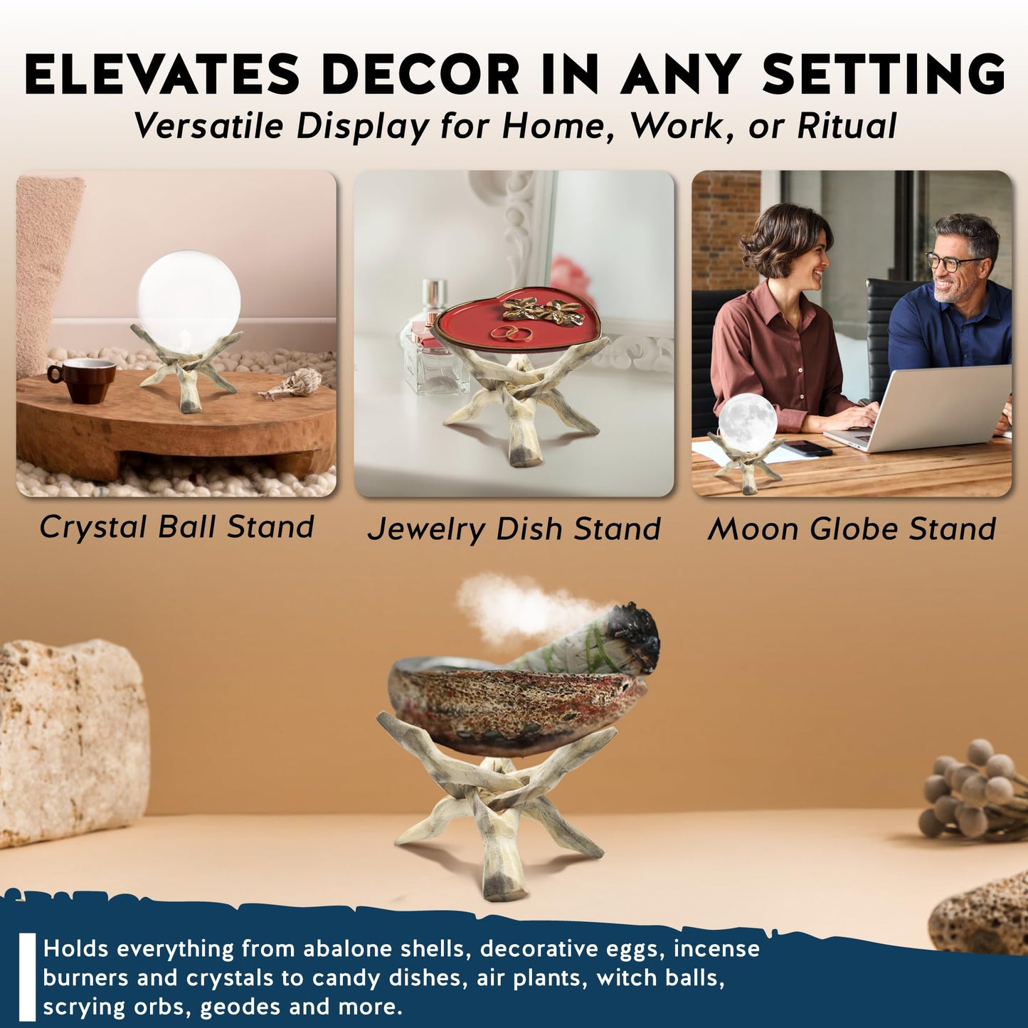 Alternative Imagination Wooden Tripod Display Stand - 6-Inch Hand Carved Holder Made from Mango Wood -Folding Natural Stand for Abalone Shell, Crystal Ball, Key Bowl,Trinket Dish, Incense,Decor & More