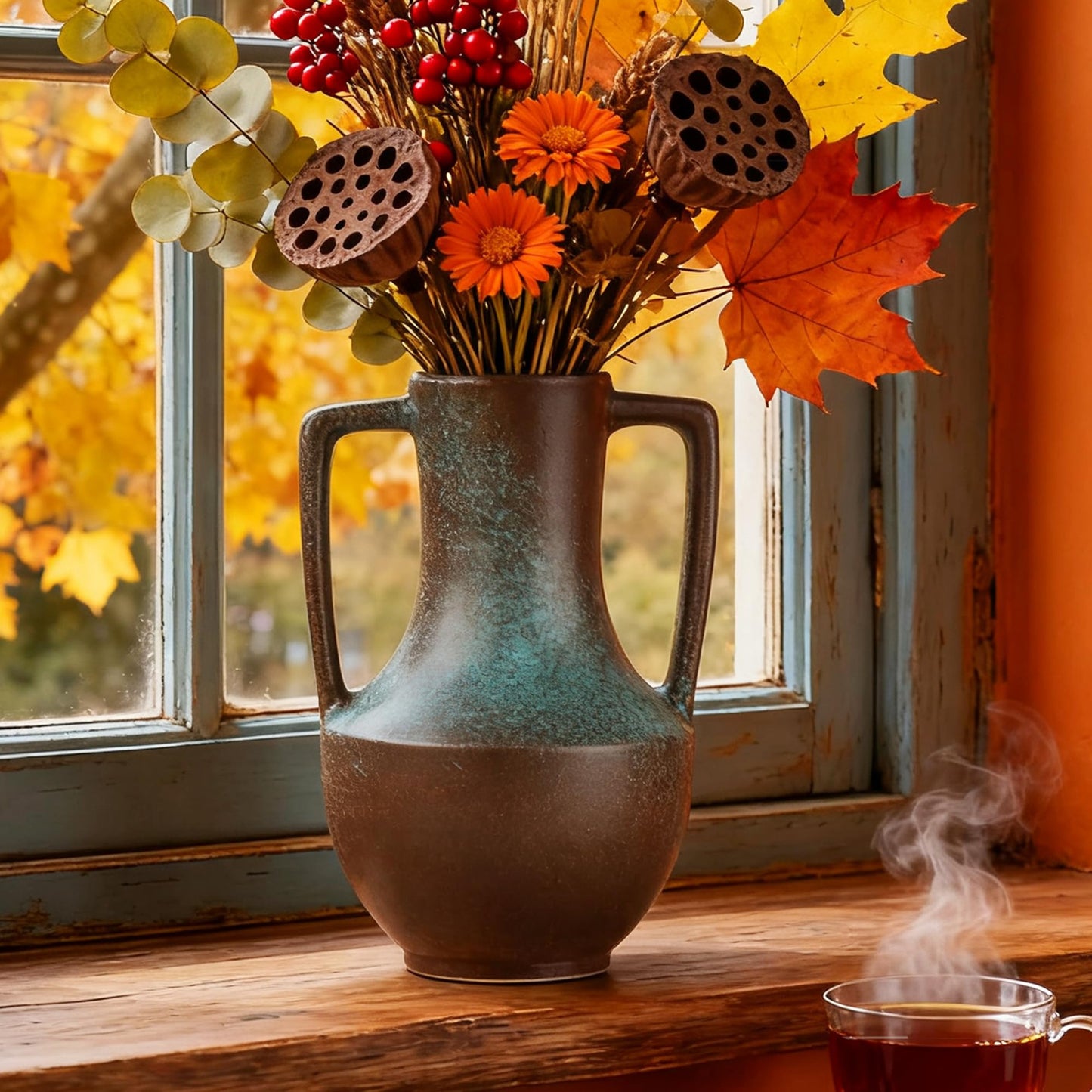 ArtCachet Ceramic Flower Vase with Handles,7.8" Tall Vase for Centerpieces,Large Decorative Terracotta Vases, Farmhouse Rustic Pottery Vase for Home Decor Living Room,Table,Shelf or Mantel