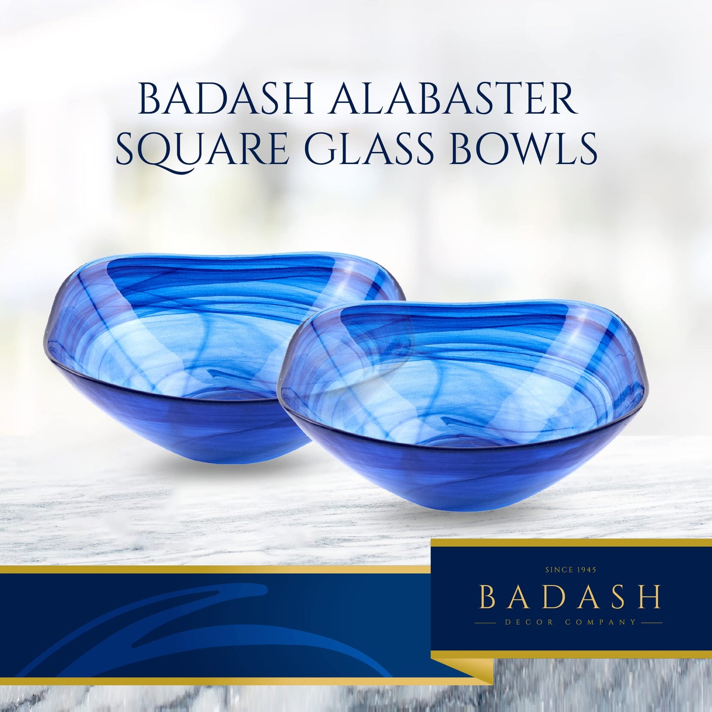 Badash Small Square Decorative Bowl, Alabaster Glass Candy Dish, Home Décor Table Accent Bowl, 6” Diameter, Pair of 2, Cobalt Blue