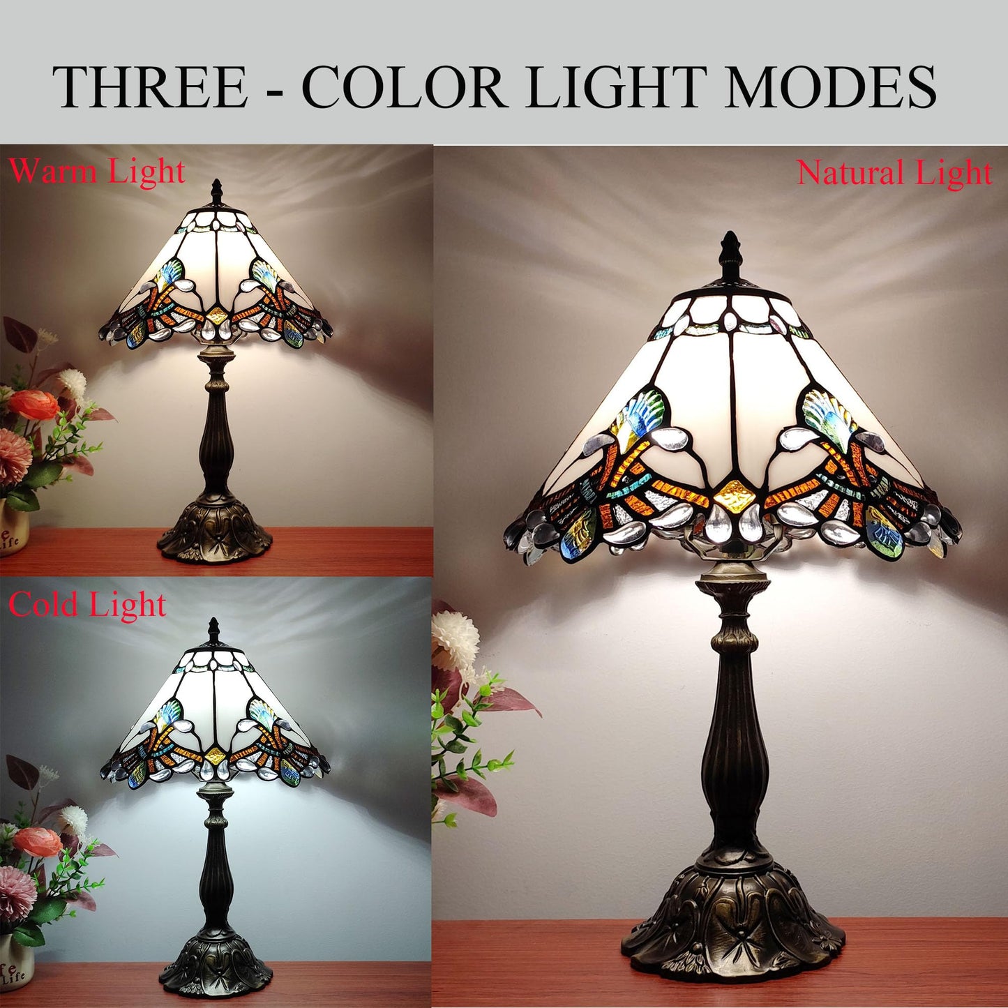 XPHMXP Tiffany Lamp White Baroque Style Stained Glass Lamp 12X12X19 inch Vintage Bedroom Table lamp 3-Way Tiffany Style Reading Desk Light for Home Living Room Office Include Light Bulb
