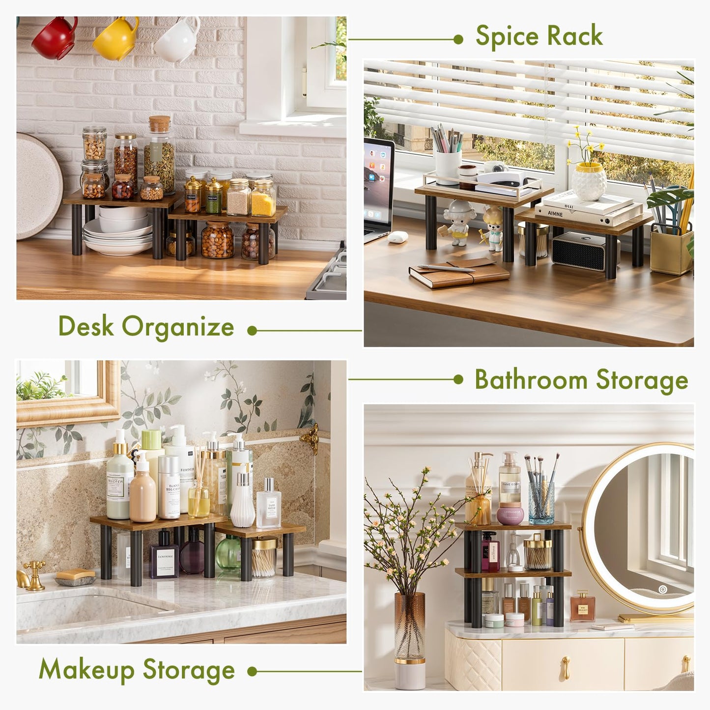 Cabinet Organizer Shelf, 2 Tier Countertop Spice Rack for Kitchen Counter, Seasoning Organizer with Wood-Grain Shelves, Kitchen Countertop Organizer for Spices, Sauces and Small Items (2 Pcs, Brown)