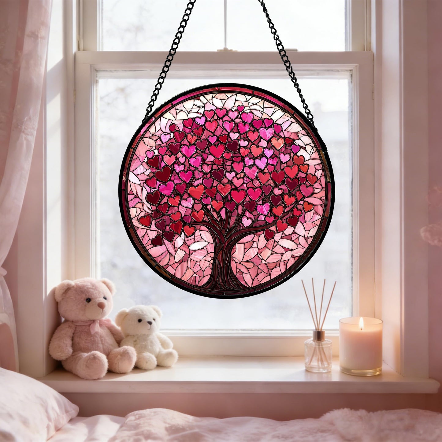 Stained Glass Window Hanging, Birthday Gifts for Women Mom Grandma Nana Wife Couple, Pink Love Tree Suncatcher for Doors Window Home Sun Catchers Gifts Decor 7.8 in