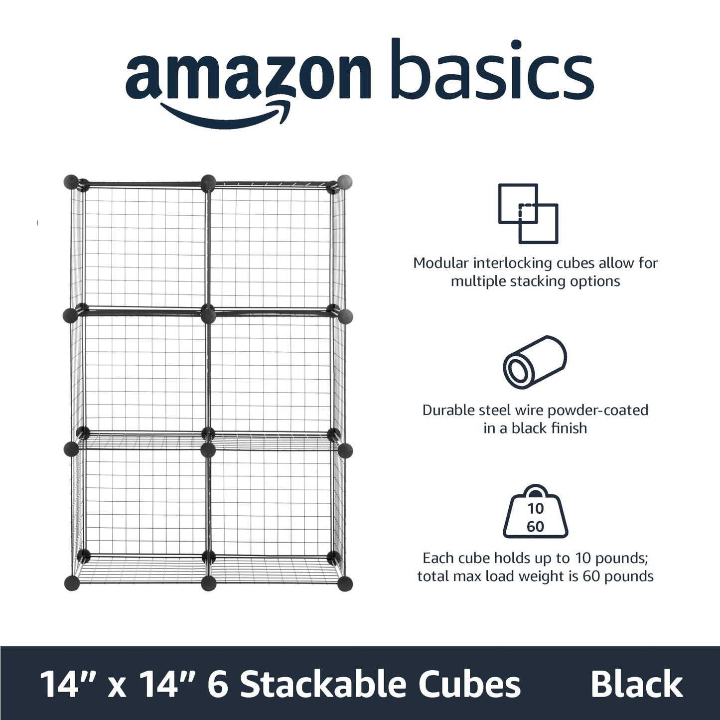 Amazon Basics 6 Cube Wire Grid Storage Organizer, Stackable Cubes, Cubby Bookcase, Display Shelf, 14" D x 14" W x 14" H, Black