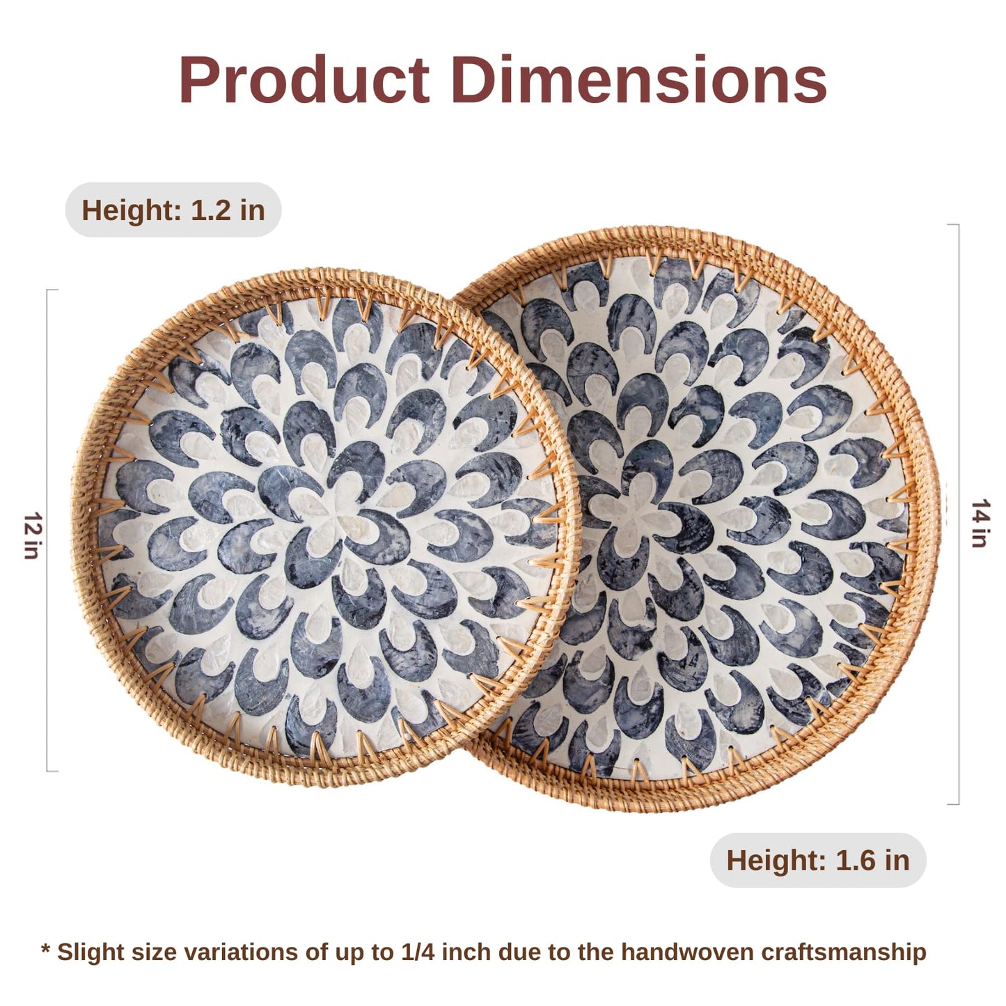 14 inch Round Rattan Tray Home Decor, Wicker Serving Tray with Mother of Pearl Inlay, Boho Decorative Tray for Coffee Table, Ottoman, Kitchen Table, Bathroom (Coastal Blue)