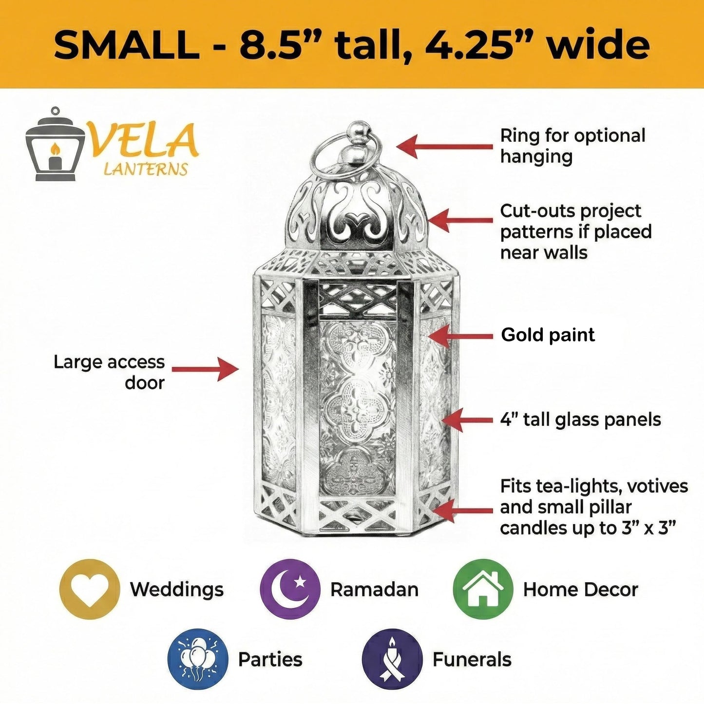 VELA LANTERNS 8.5" Small Gold Metal Decorative Moroccan Lantern Candle Holder Lamp - Indoor/Outdoor, Home Decor, Patio, Weddings, Ramadan Decor