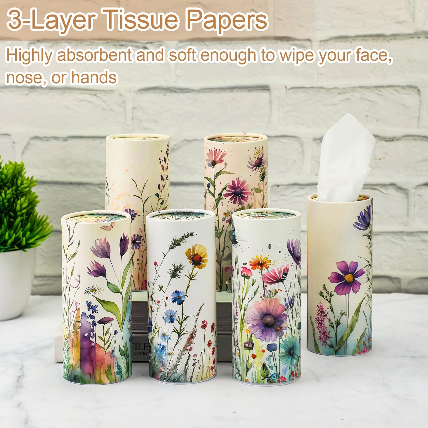 Layhit 12 Pcs Car Tissues Holder Round Facial Tissues Boxes Vintage Floral Printed Travel Cylinder Cube Holder Bulk for Car Cup Container(Flowers)