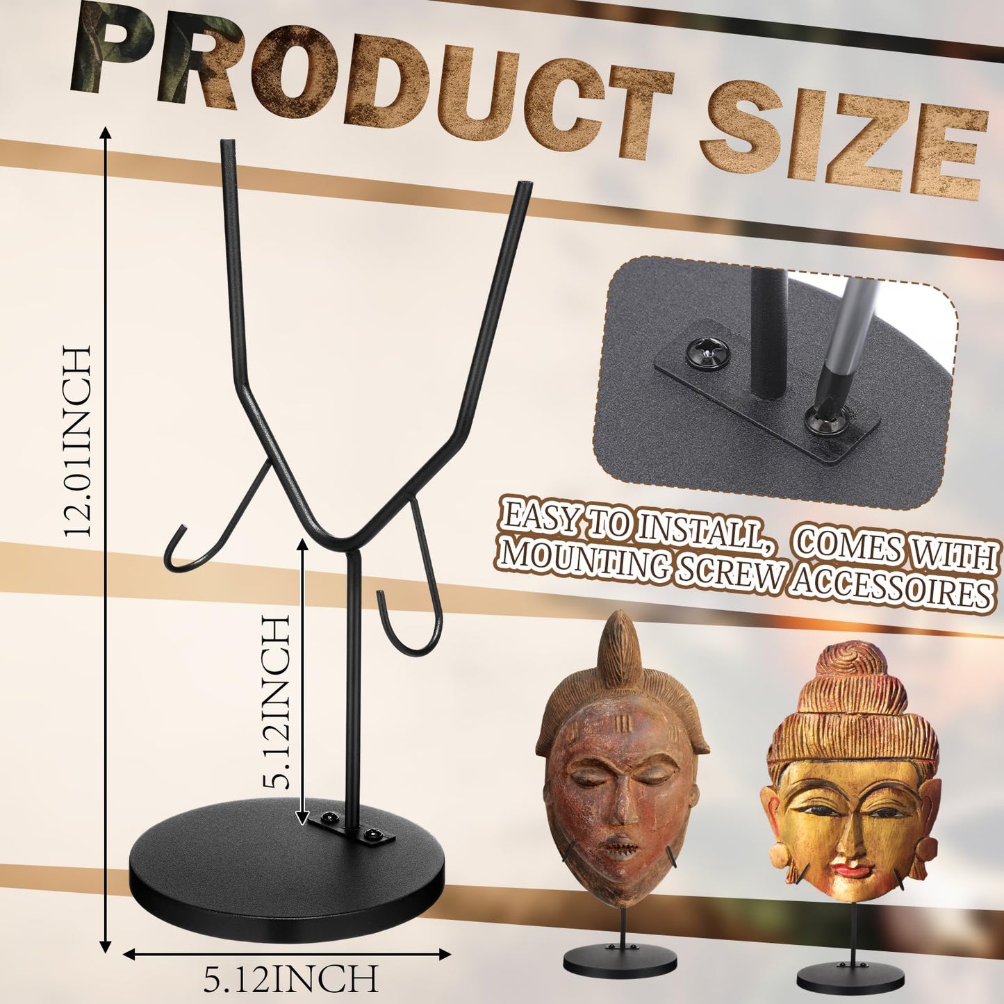 Otoolling 1 Pcs Mask Display Stand U Style Metal African Tribal Mask Holder Tall Adjustable with Detachable Base for Sculptures Artifacts Egyptian Roman Greek Pre Columbian Collectible (12 Inch Height)