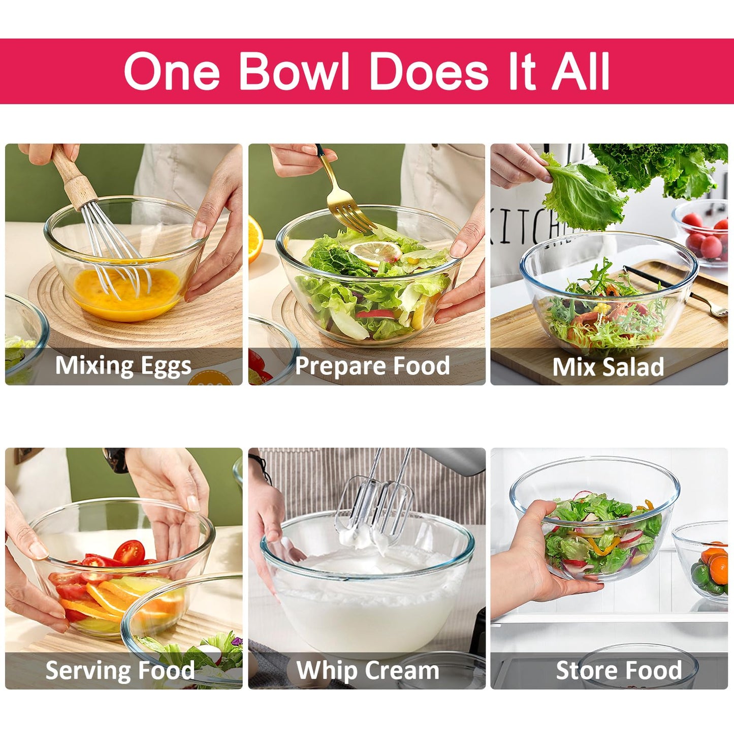 KOMUEE 4 Pack Glass Mixing Bowls Set with Lids (4.8QT, 2.9QT, 1.7QT, 0.8QT), Glass Nesting Bowls for Kitchen Baking, Cooking and Serving, Oven, Dishwasher, Freezer, and Microwave Safe