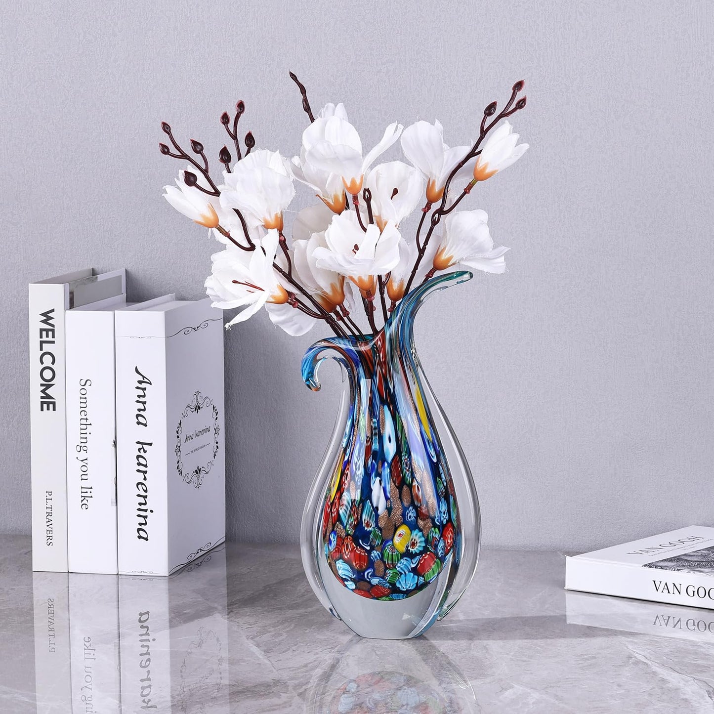 GrivSheen Hand Blown Glass Vase for Centerpiece, Murano Style Table Decoration, Blue Blown Art Glass Ellipse Flower Vase, Single Stem Beautiful Decor for Home, Beachy Room Decor for Home Shelf