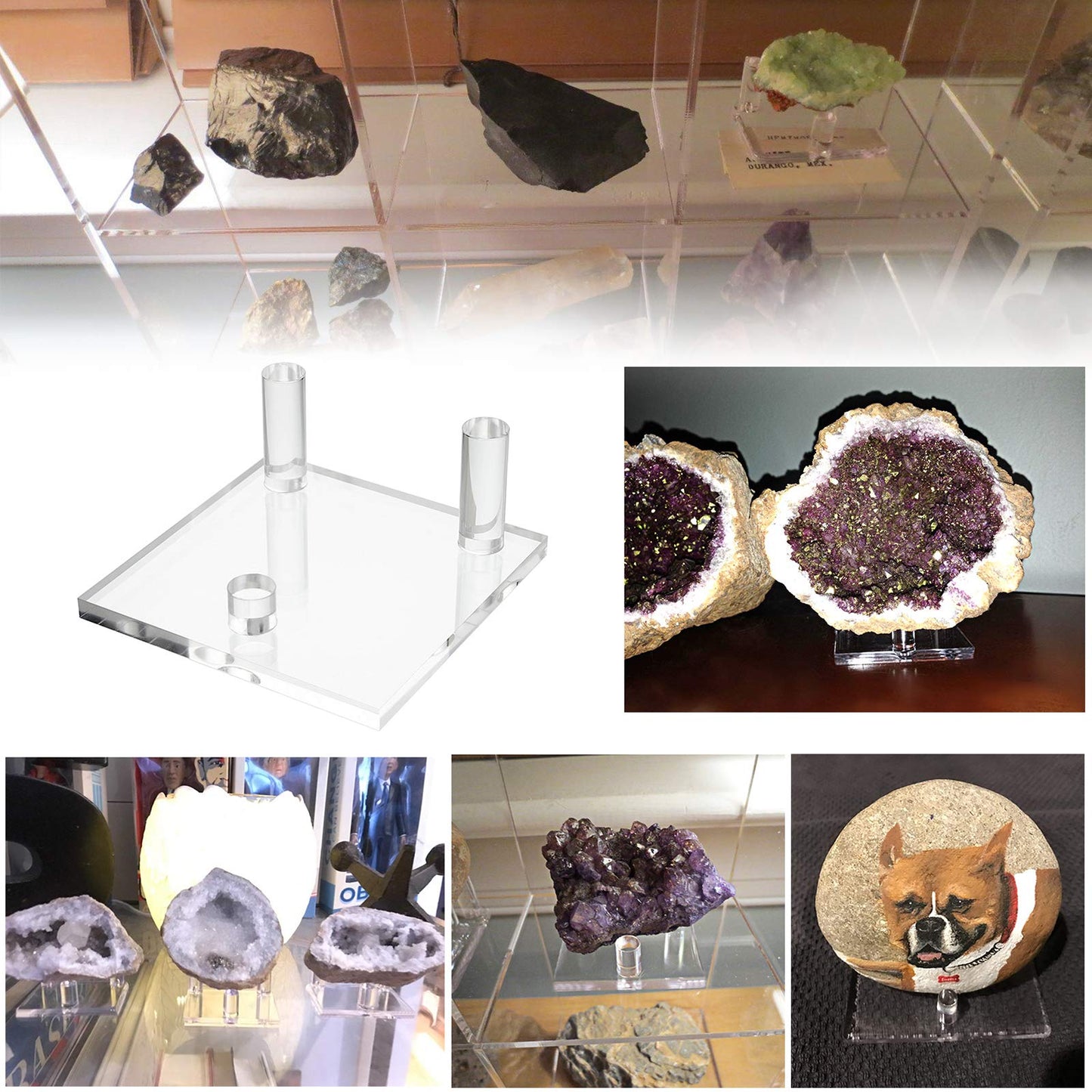 Hipiwe 8 Pack Clear Easel Stand Three Peg Rock Holder Acrylic Display Stand with Square Base Three Peg Rock Display Holder for Geodes Mineral Agate Small Collectibles, 4.3 x 4.3 Inch