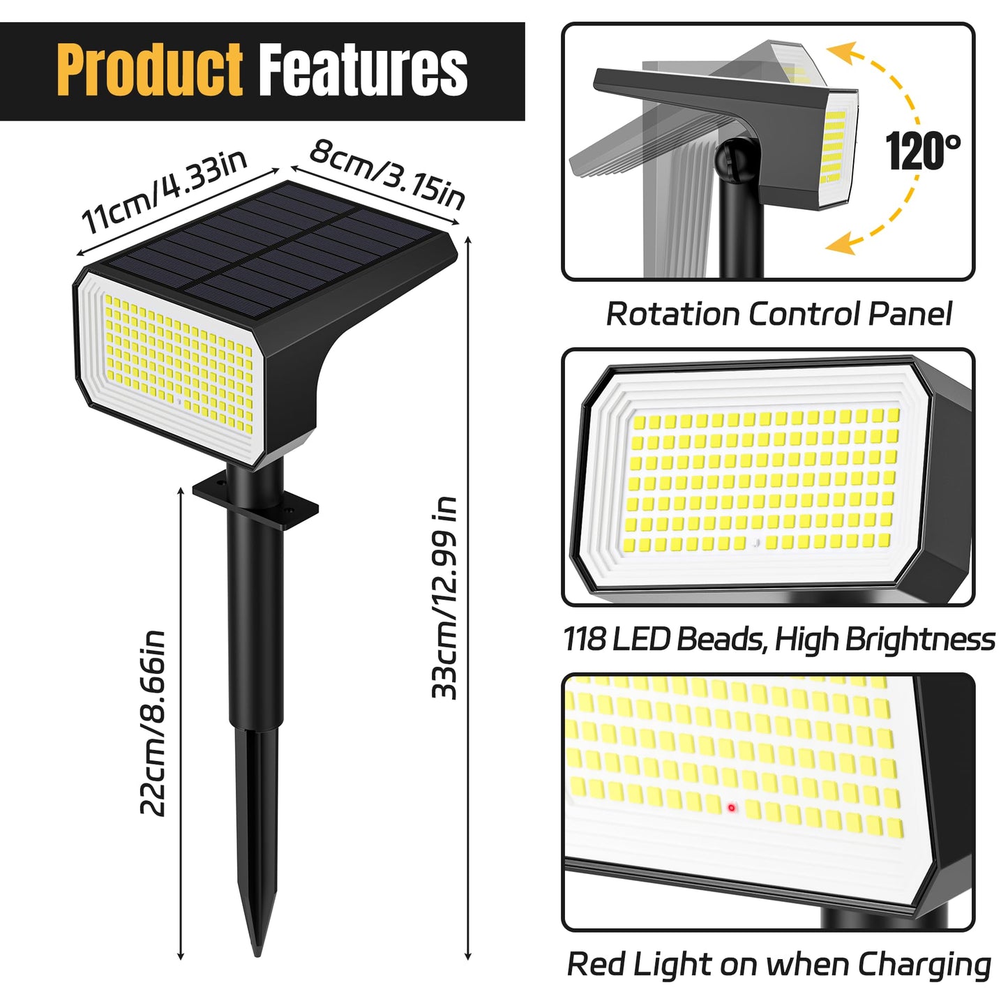Flaow Solar Spot Lights Outdoor, [10 pack/118 LED] 4 Modes Auto On/Off Solar Landscape Spotlights, Ip67 Waterproof Solor Powered Pathway Lights for Outside Yard Garden Walkway Tree Patio (Cool White)