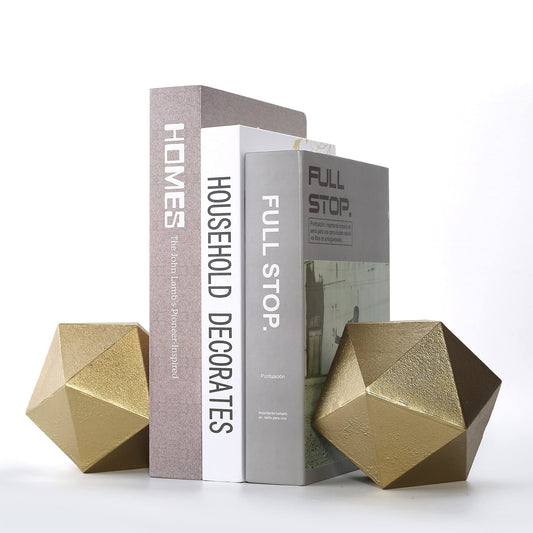 Ambipolar Geometric Decorative Ball Shaped Bookends, Modern Cast Iron Gold Bookends for Office Desk, Book Shelf, Room Decor, Home Office, Book Stand or Organizer, Set of 2