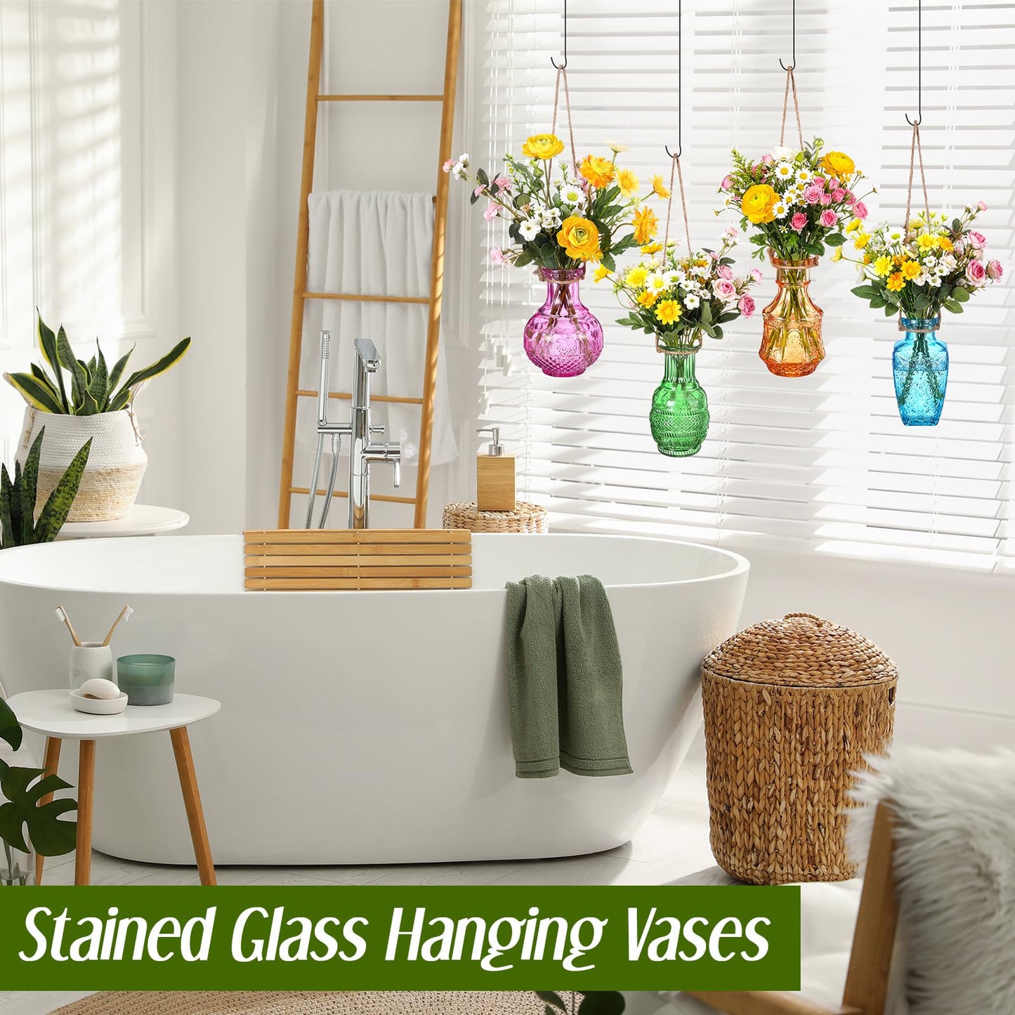 Wonderjune 4 Pcs Stained Glass Hanging Vases Hanging Glass Planters Small Plant Terrarium Pot Containers with Rope for Garden Home Indoor Outdoor Decor, 4 Styles (Elegant)