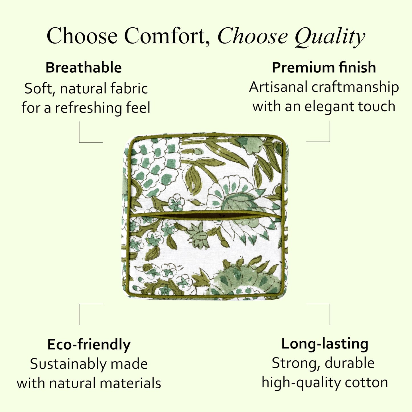 CPC Agate Green Hand Block Printed Cotton Tissue Box Cover 5" x 5" x 5.5" Square Soft Reusable Boho Napkin Holder for Home Kitchen Dining Bathroom Office Cafe Spa, Gift for Spring, Mother's Day
