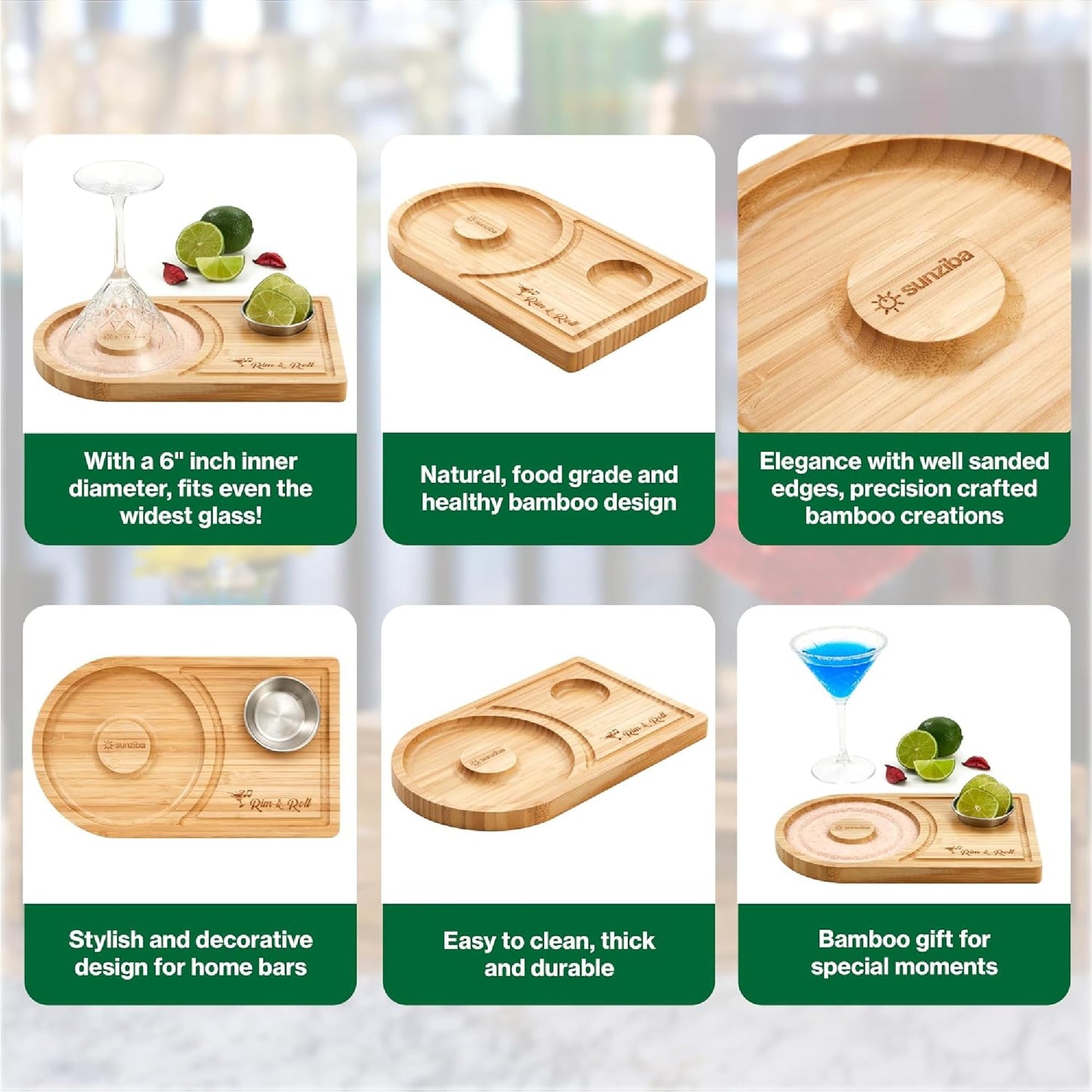 Sunziba Margarita Salt Rimmer Set for up to 6" Rims | Bamboo Salt Rimmer for Cocktails | Bartender Accessories & Home Bar Gift | Margarita Kit and Bartender Tool