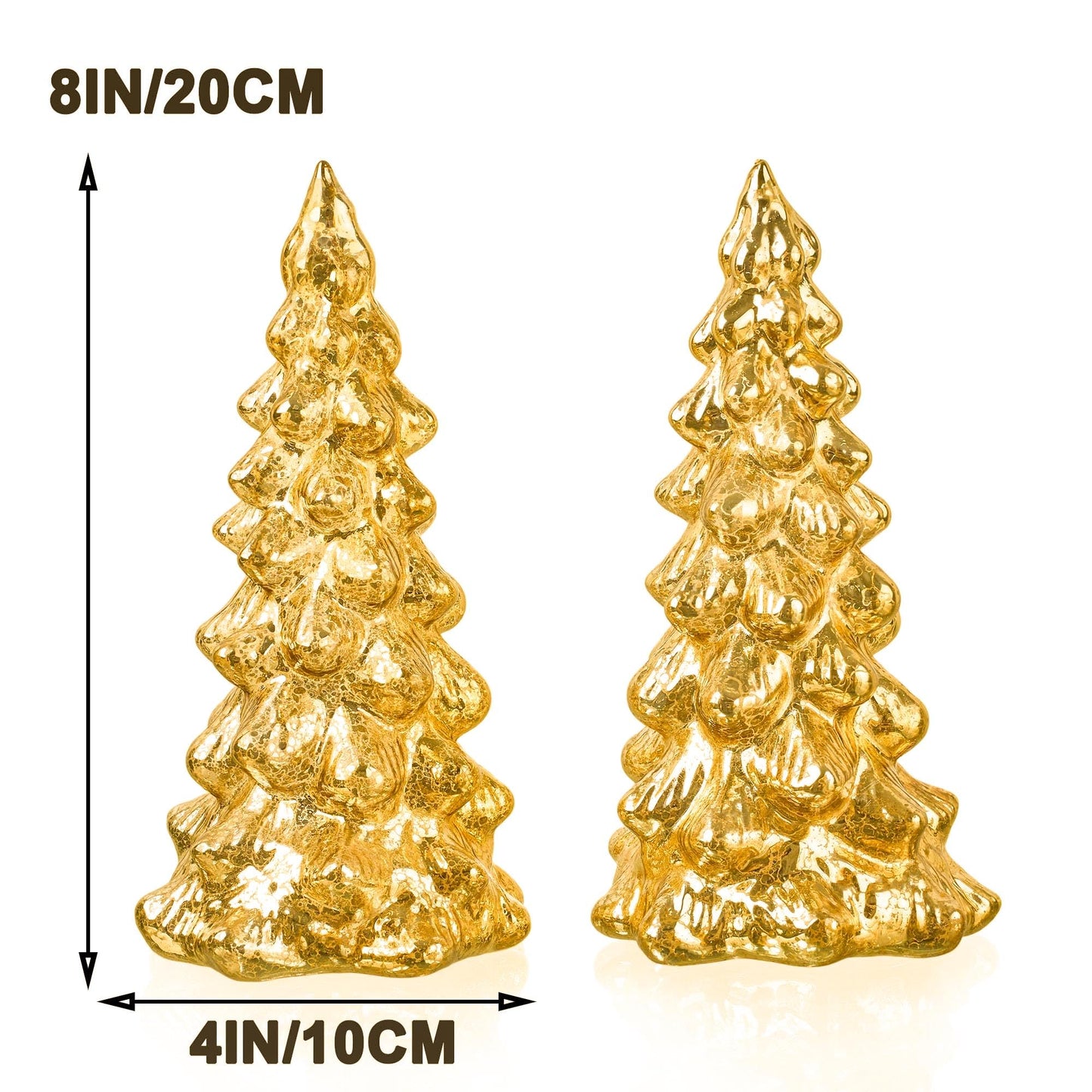 vskikris Set of 2 Mercury Glass Christmas Tree Set Gold Glass Christmas Trees Collectible Figurines with Led Indoor Table Centerpiece Decorations Mantel Gift