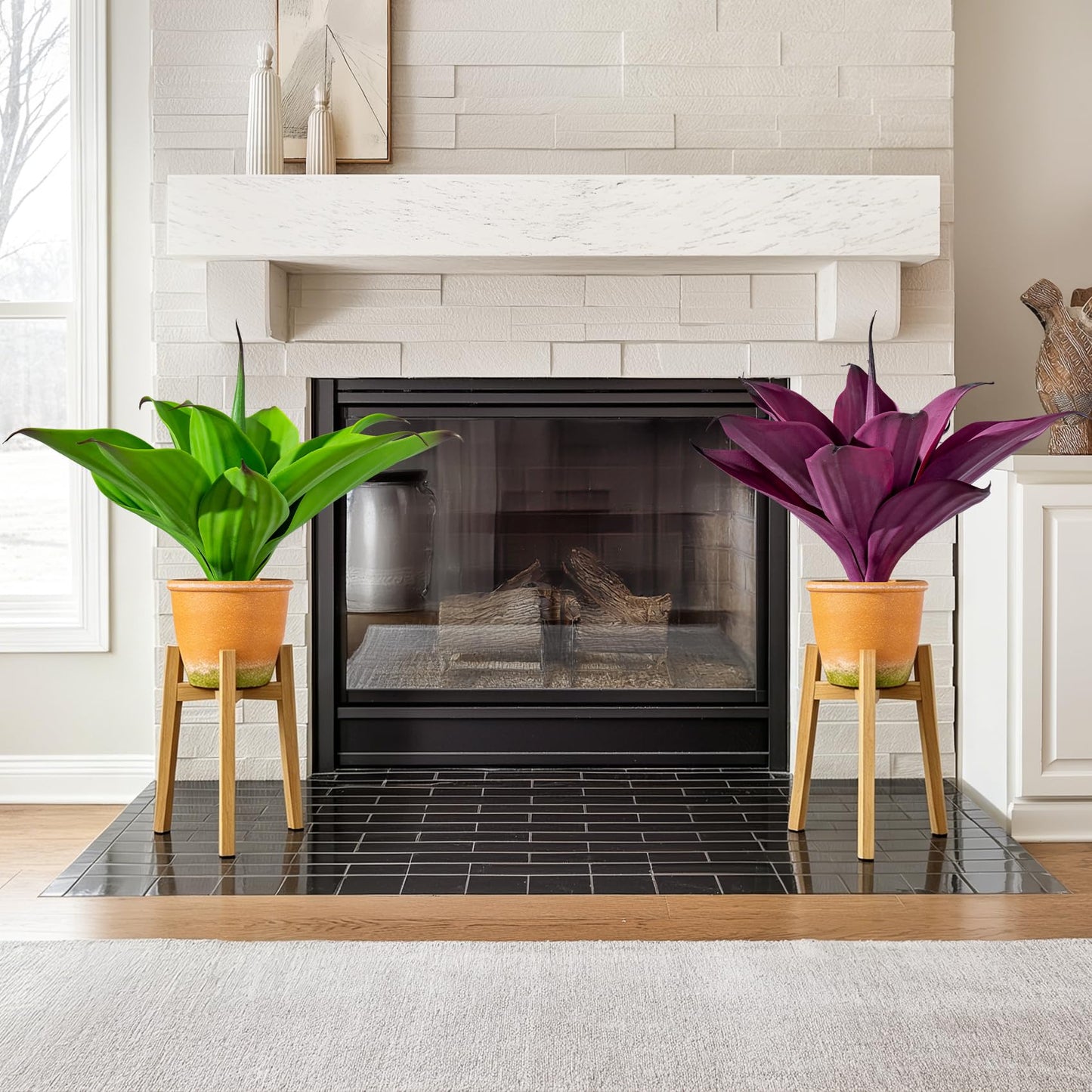 Afcvkc 2 Set Real Touch Artificial Agave Plants, Lifelike Faux Succulent in Pot Desk Table Snake Plant Indoor Decor for Living Room Bathroom Shelf Office (Green+Purple)