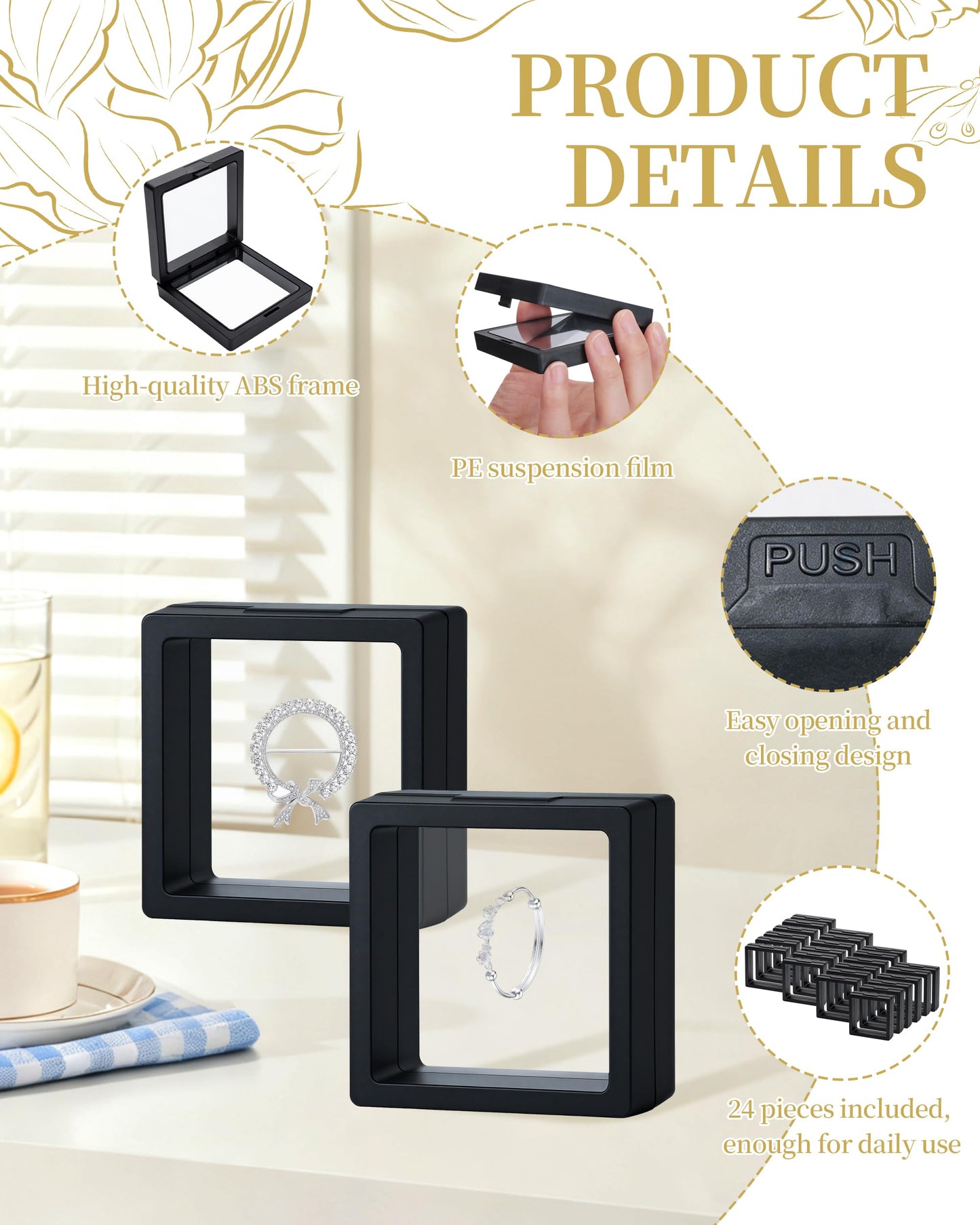 24 Pcs Black 3D Floating Case 2.8 x 2.8 x 0.8 Inch, Clear PE Film Shadow Box with Stands for Antique Coins, Jewelry, Shells, Gems, Minerals, Rocks, Pins & Specimens