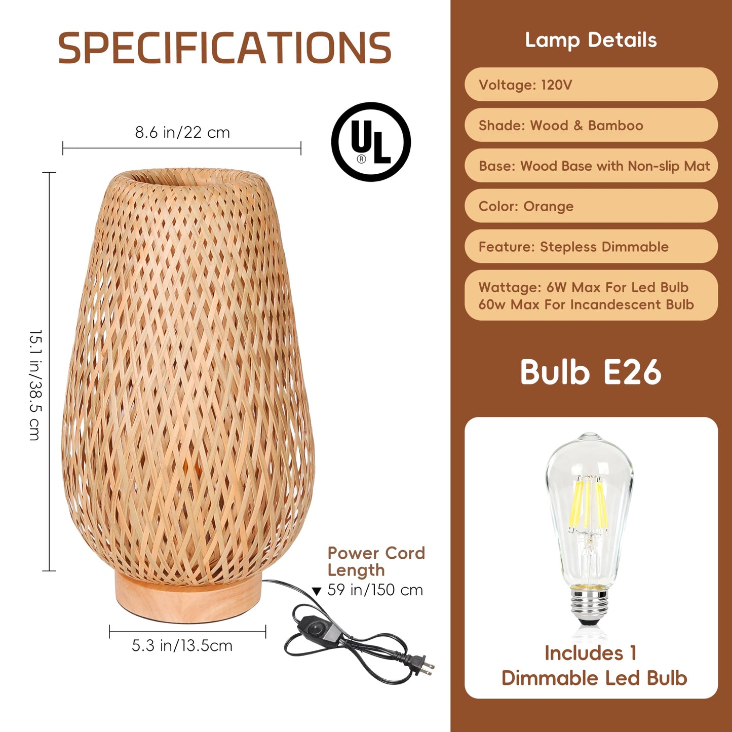 WALMHEIM Boho Bamboo Table Lamp, Dimmable Rustic Farmhouse Hand Wicker Desk Lamp Bedside Lamps Night Light Decorations for Bedroom, Living Room, Home Office, Nursery, Reading Nook (Bulb Included)