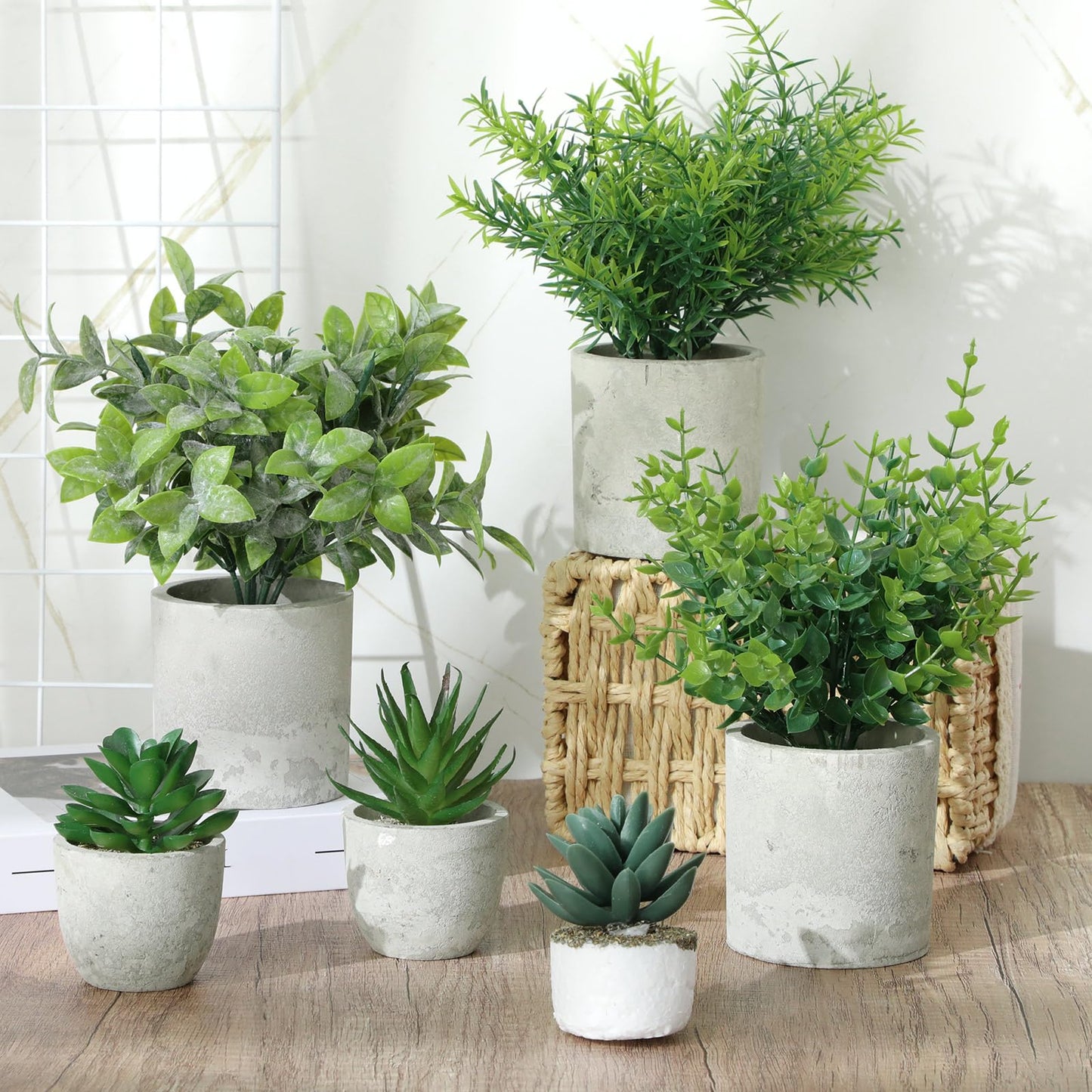 Chunful 6 Pack Small Artificial Greenery Potted Plants Indoor Mini Fake Eucalyptus Rosemary Succulents in Pulp Rustic Farmhouse Table Centerpiece for Shelf Bathroom Bedroom Kitchen Office