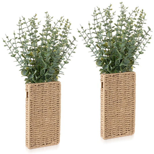 Ferrochef 2 Pack Woven Wall Vase with Artificial Eucalyptus Boho Wall Basket Hanging Decor Rustic Pocket Planter Flower Vase for Indoor Living Room Bedroom Home Office Kitchen Decoration