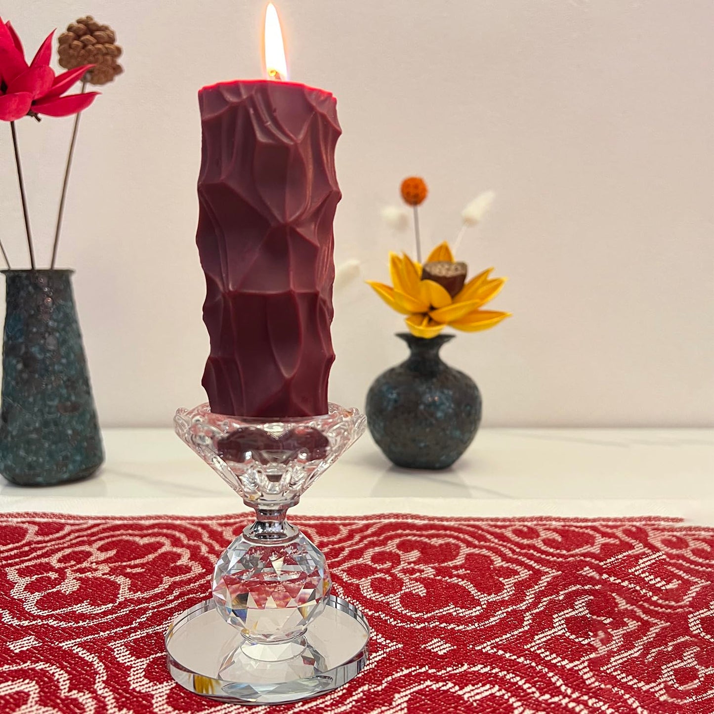 Crystal Glass Candle Holders Set of 2, Diamond Cut Tealight Stands