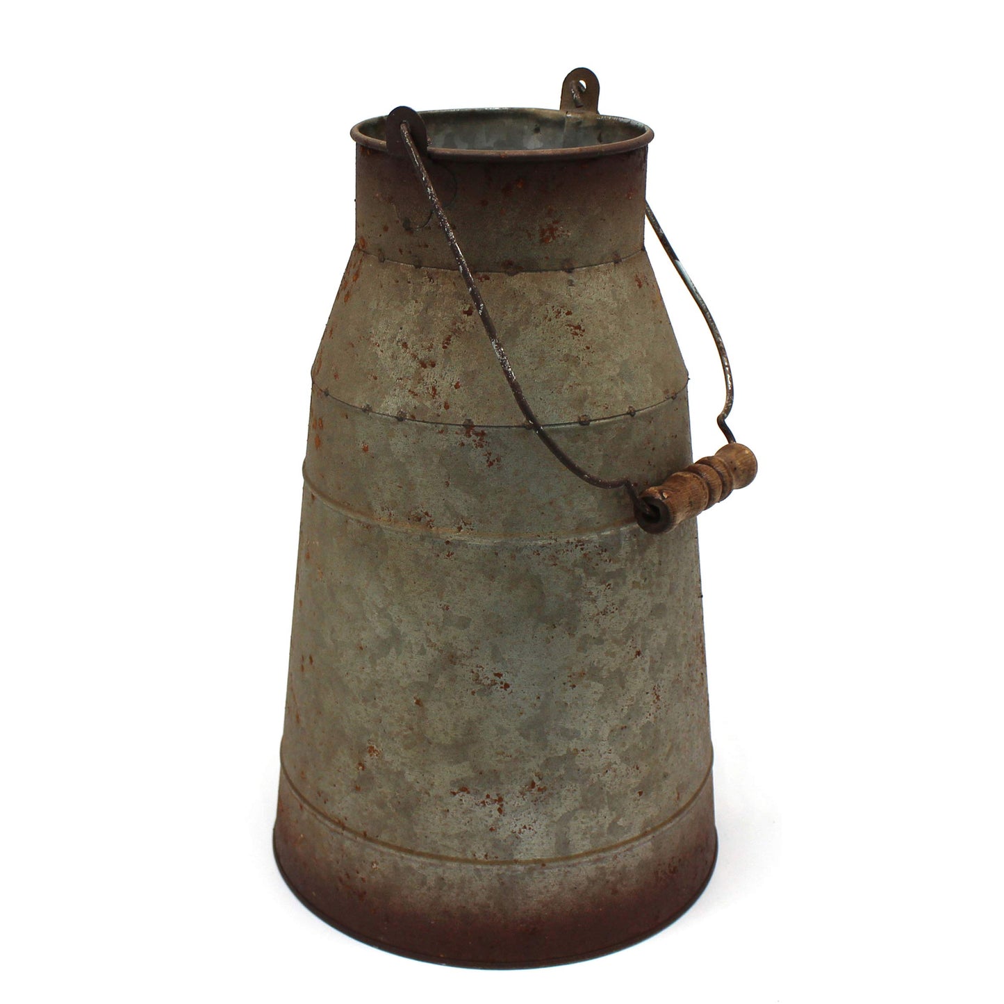 CVHOMEDECO. 10 Inch Galvanized Metal Milk Can with Wooden Handle, Old Rustic Farmhouse Pitcher Jug Vase for Home and Garden Décor. Grey