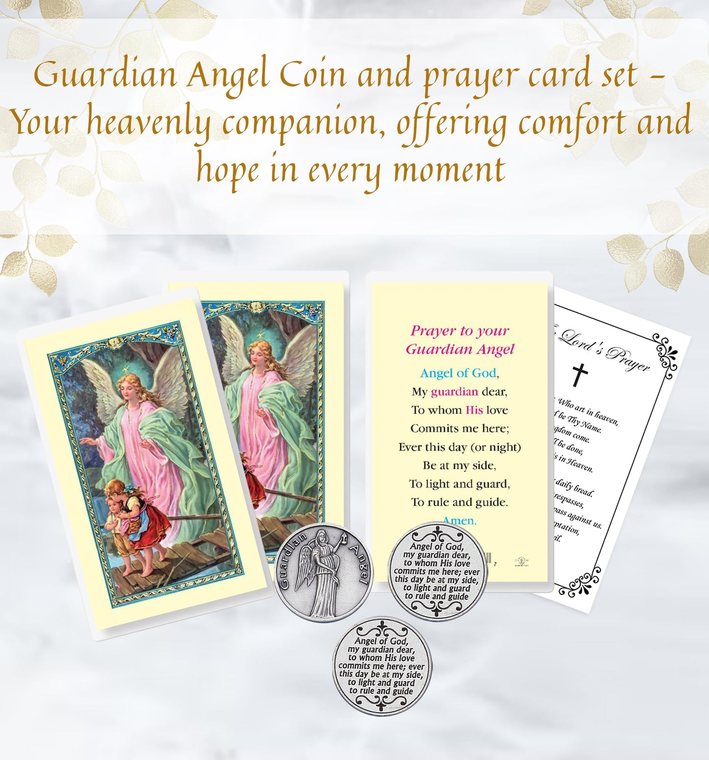 Trendzeen Guardian Angel Token - Laminated Catholic Guardian Angel Prayer Card, The Lord's Prayer Card - Italian Guardian Angel Pocket Token - Guardian Angel Token, Holy Cards Set of 7 Items