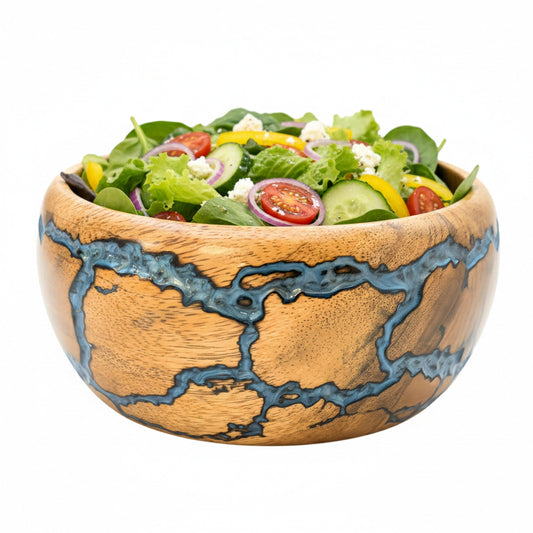 Bhartiya Handicrafts Decorative Wooden Bowl, Handcrafted Blue Resin Serving Bowl for Salad, Fruit & Kitchen Table Décor Bowl (Small)