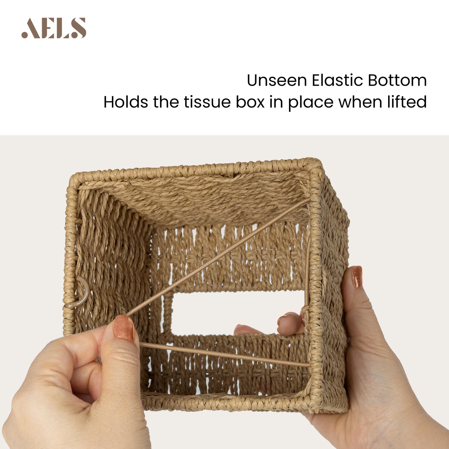AELS Farmhouse Tissue Box Cover Square, Hand Woven Strawpaper Facial Tissue Paper Holder, Cute Tissue Box Holder Square, Boho Bathroom Decor Box for Tissues Cube Box w/Elastic Bottom, Natural