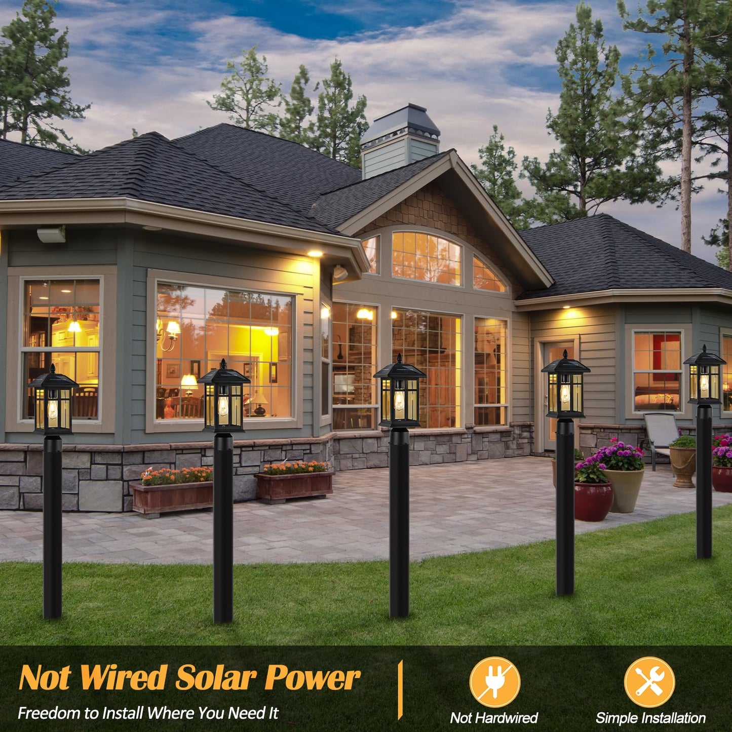 Brilvibera Solar Post Lights 2 Packs, Waterproof Post Lantern with Pier Mount Base, Aluminum Post Lamp Warm White Bulb Included for Yard Garden Pillar Pole Pathway