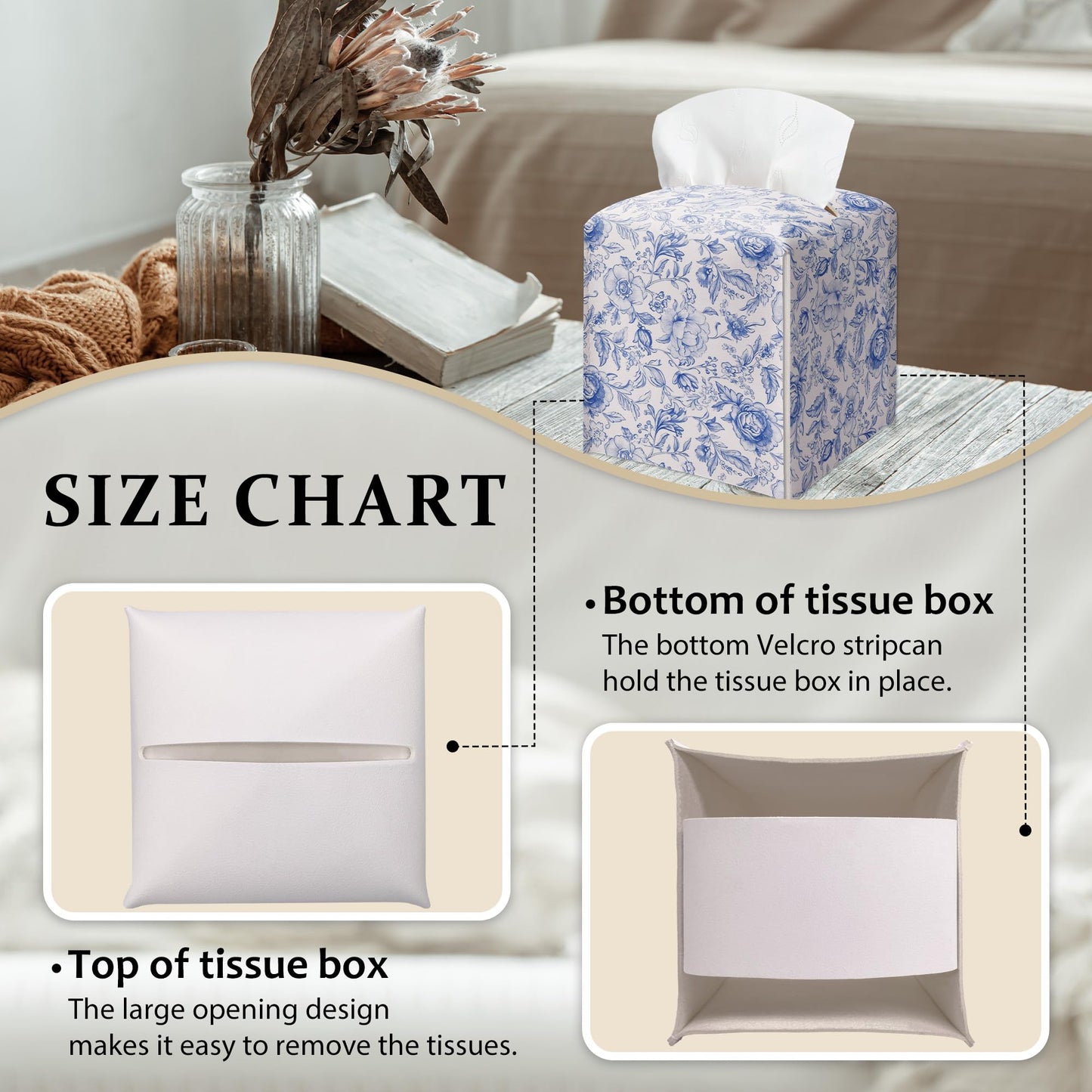 Boho Floral Toile Tissue Box Cover, Blue and White Floral Tissue Box Holder-Waterproof Leather, Desktop Decor for Living Room, Vanity, Office, Gift for Women & Friend, 5 x 5 Inches-A02